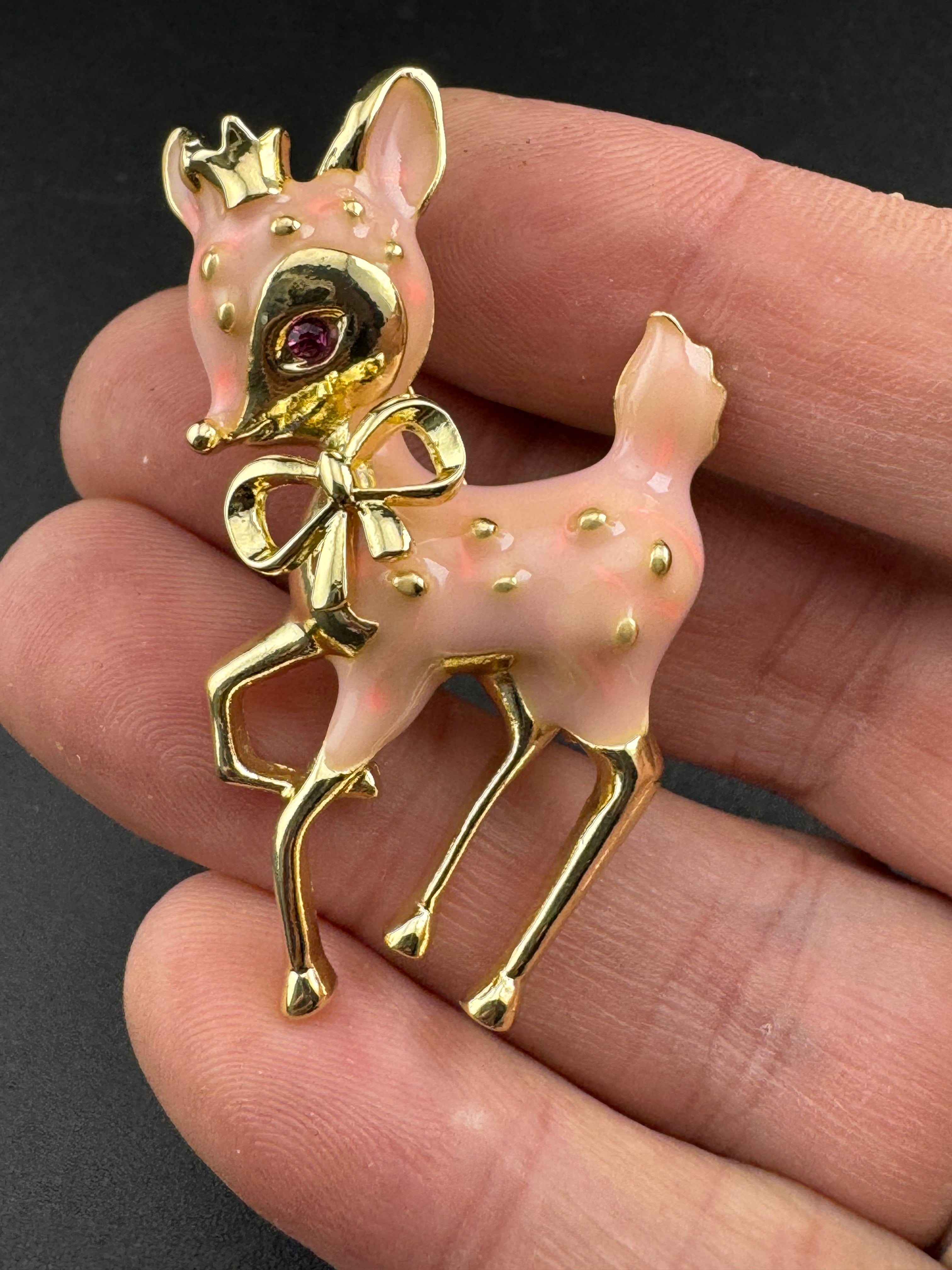Cute pink Enamel deer Fawn Christmas brooch , woodland animal