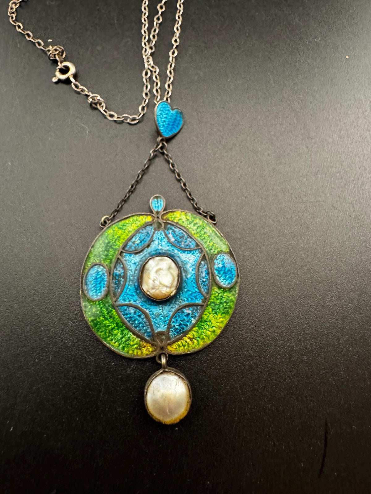 Art Nouveau Enamel Necklace, Antique Silver Pearl Guilloche Drop