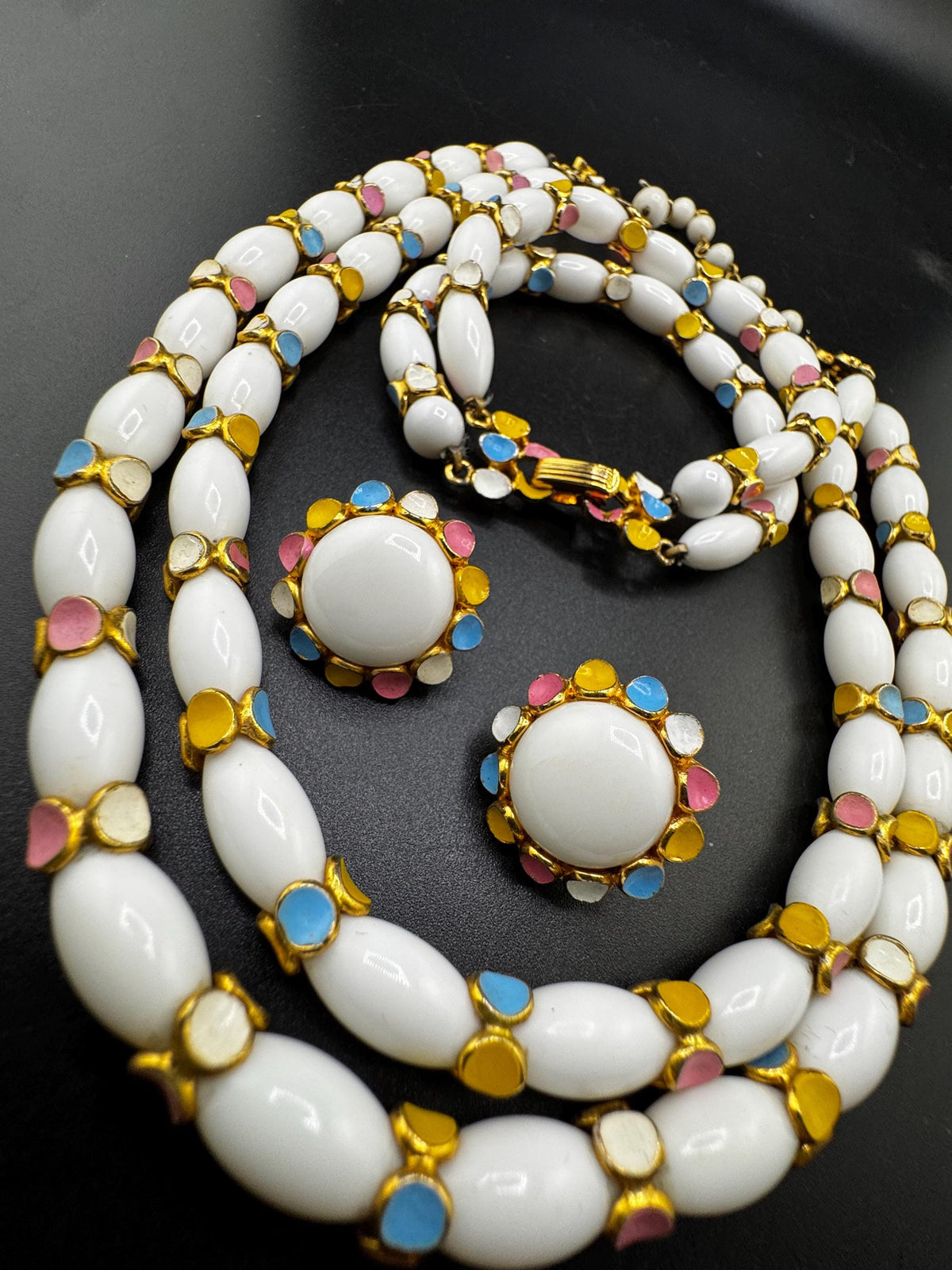 Signed Trifari Parure, Milk Glass Pastel Necklace, Bracelet Set