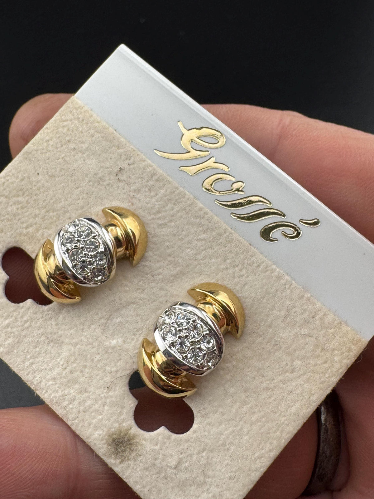 Grosse Clip On Earrings, Clear Rhinestone, German Gold Plated