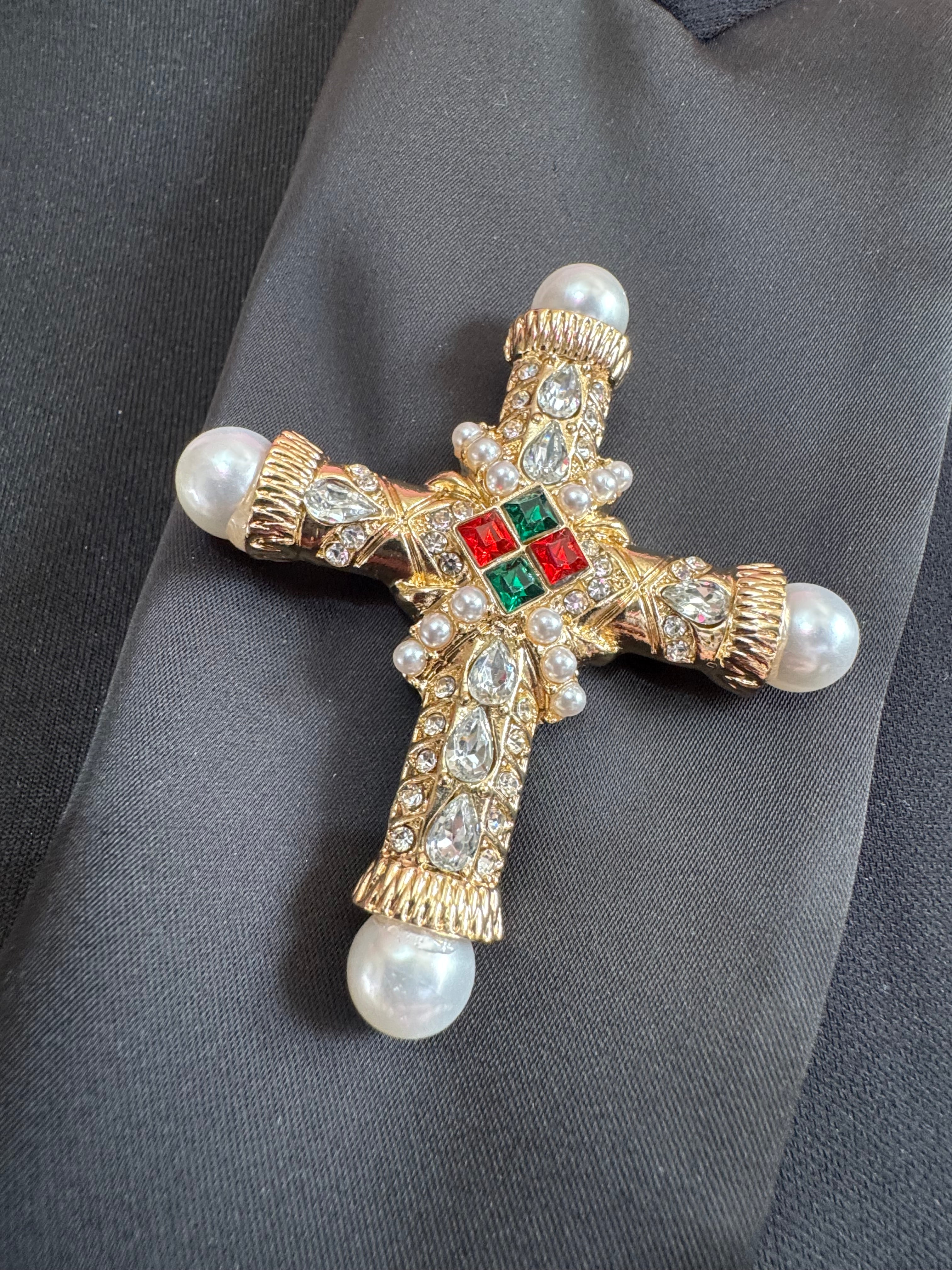 gold cross brooch and pendant with pearl and diamanté