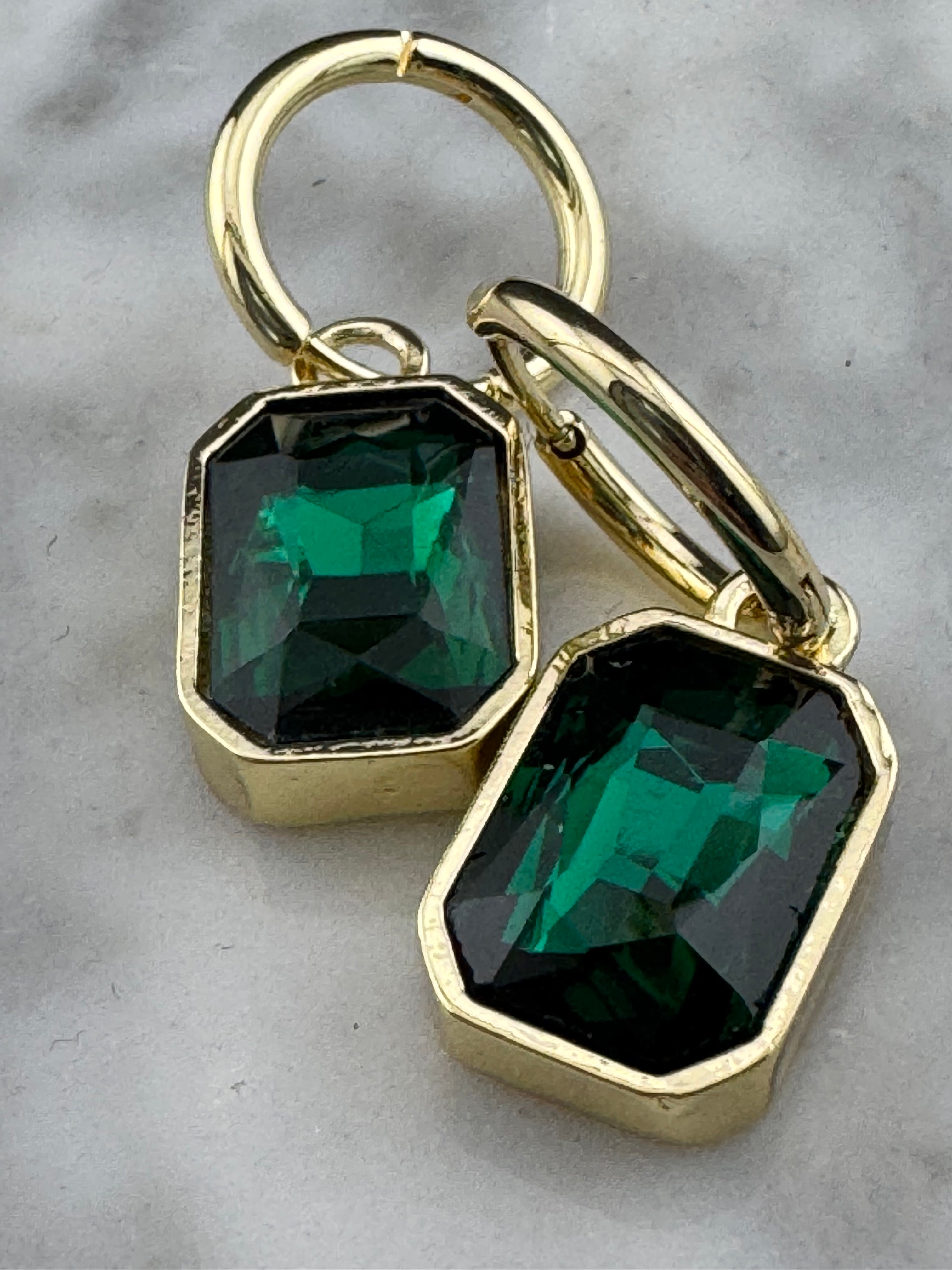 Emerald green diamond glass crystal octagonal charm small hoop earrings pierced, gold plated