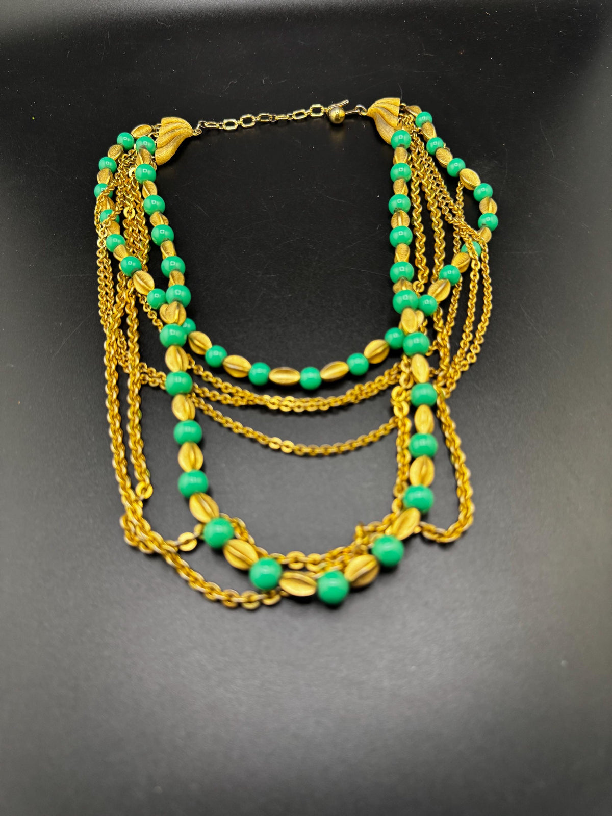 Vintage Crown Trifari Necklace, Green Beaded Multistrand, 1950s