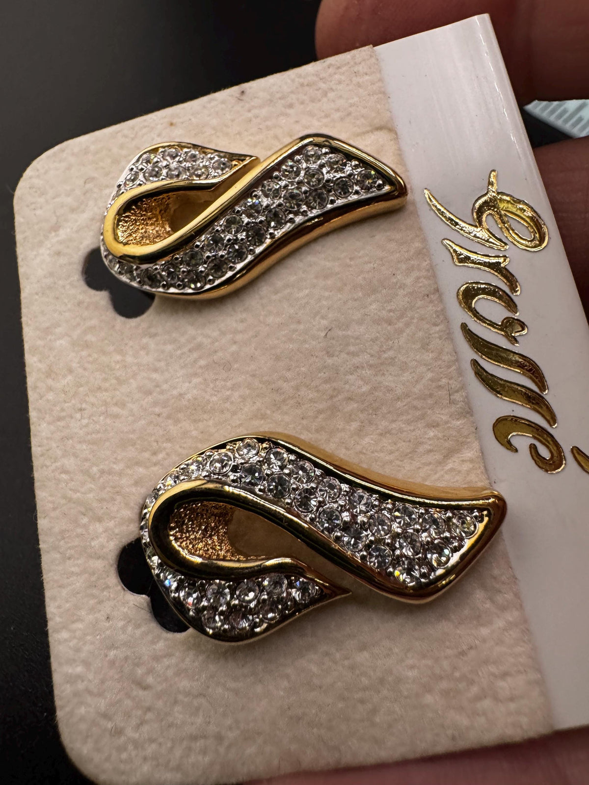 Vintage Grosse Earrings, Clear Rhinestone Clip-On, Gold Plated