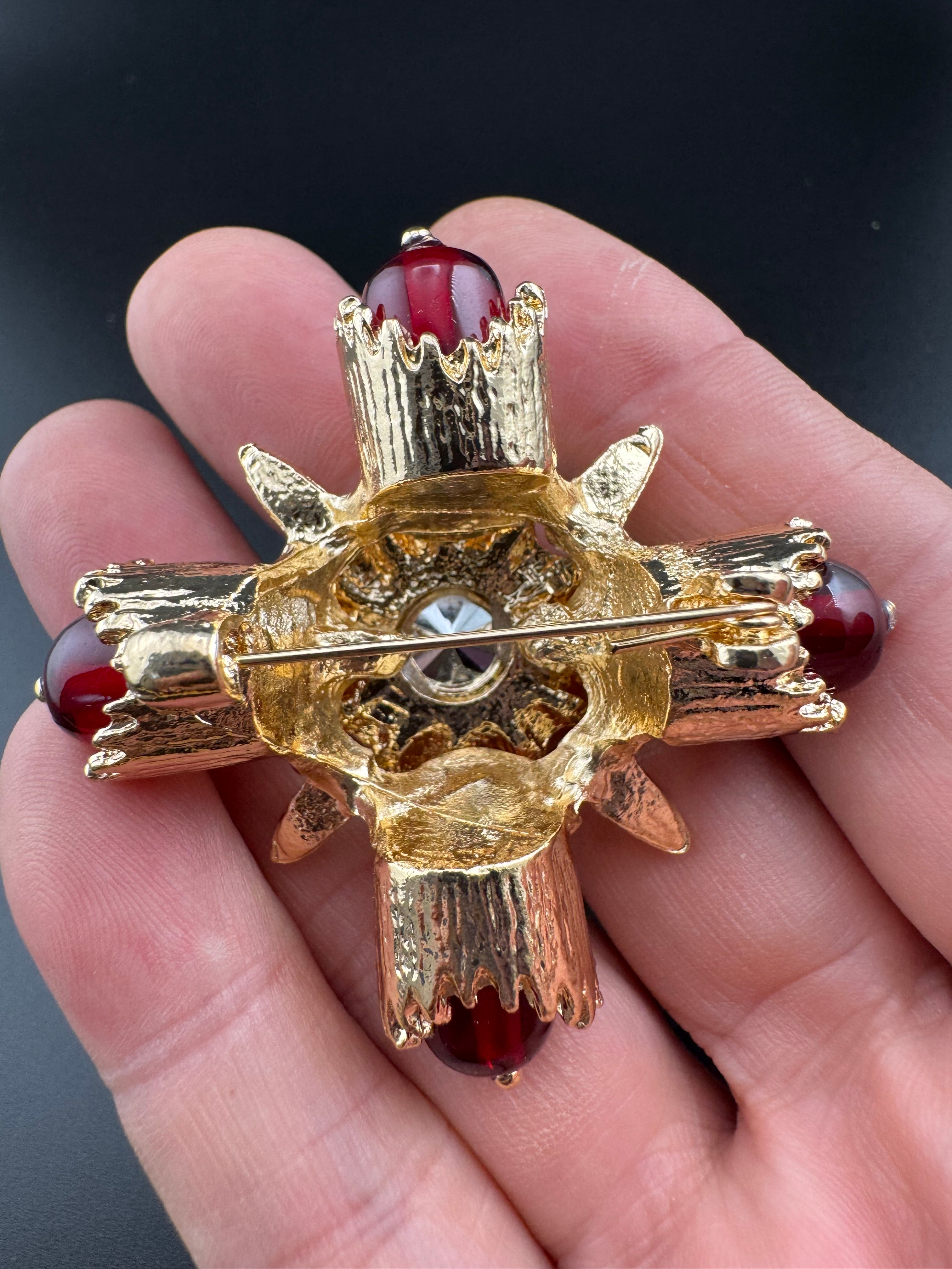 Statement Medieval style gold ruby rhinestone cross brooch