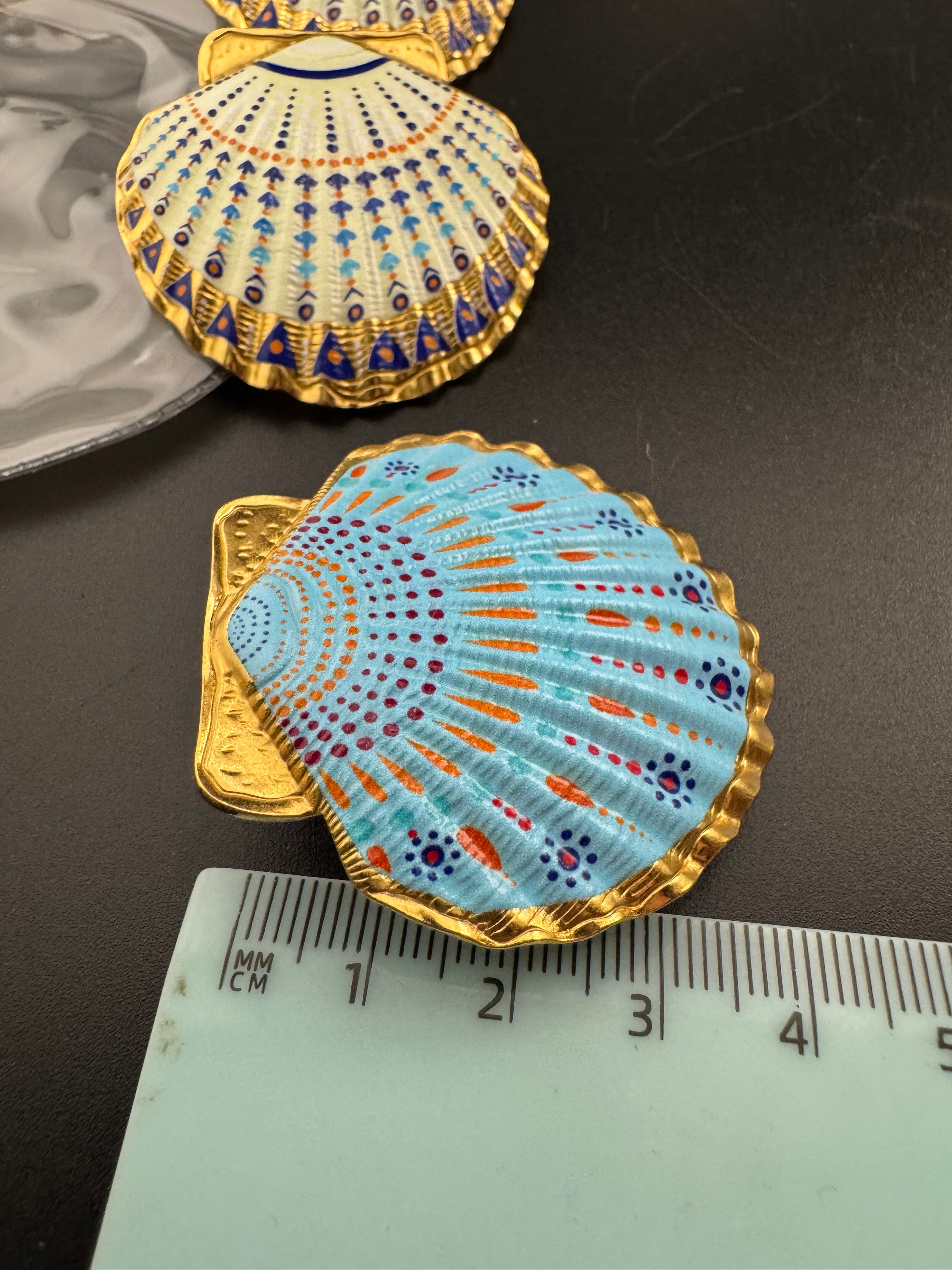 Oversized sea shell enamel earrings for pierced ears turquoise and white