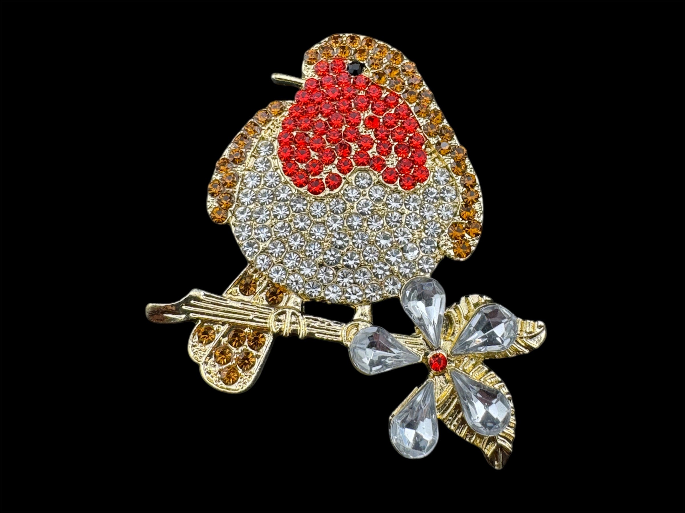 Diamanté Christmas robin brooch red brown crystals