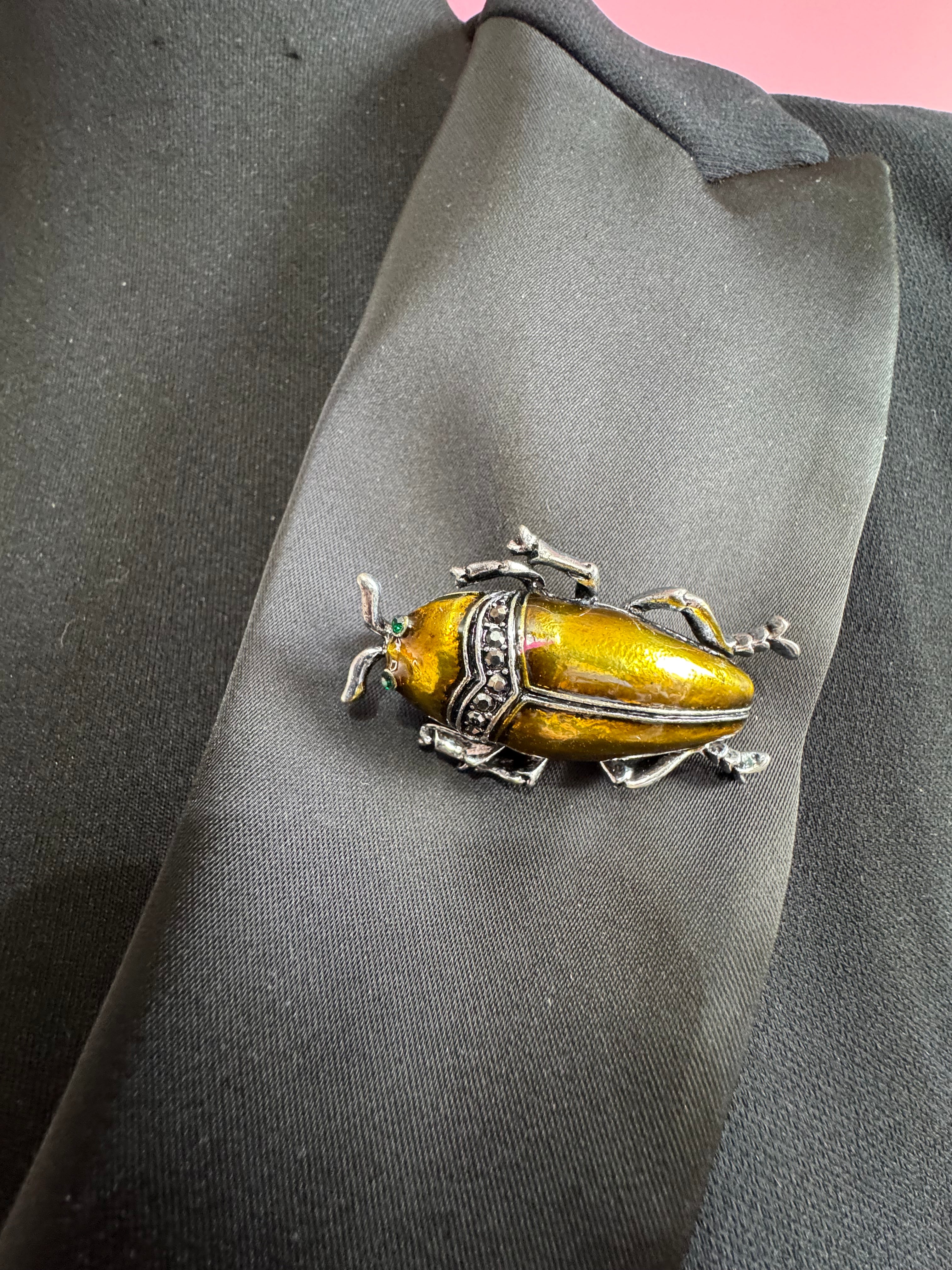 Marcasite beetle brooch, Bronze gold metallic enamel , new bug brooch