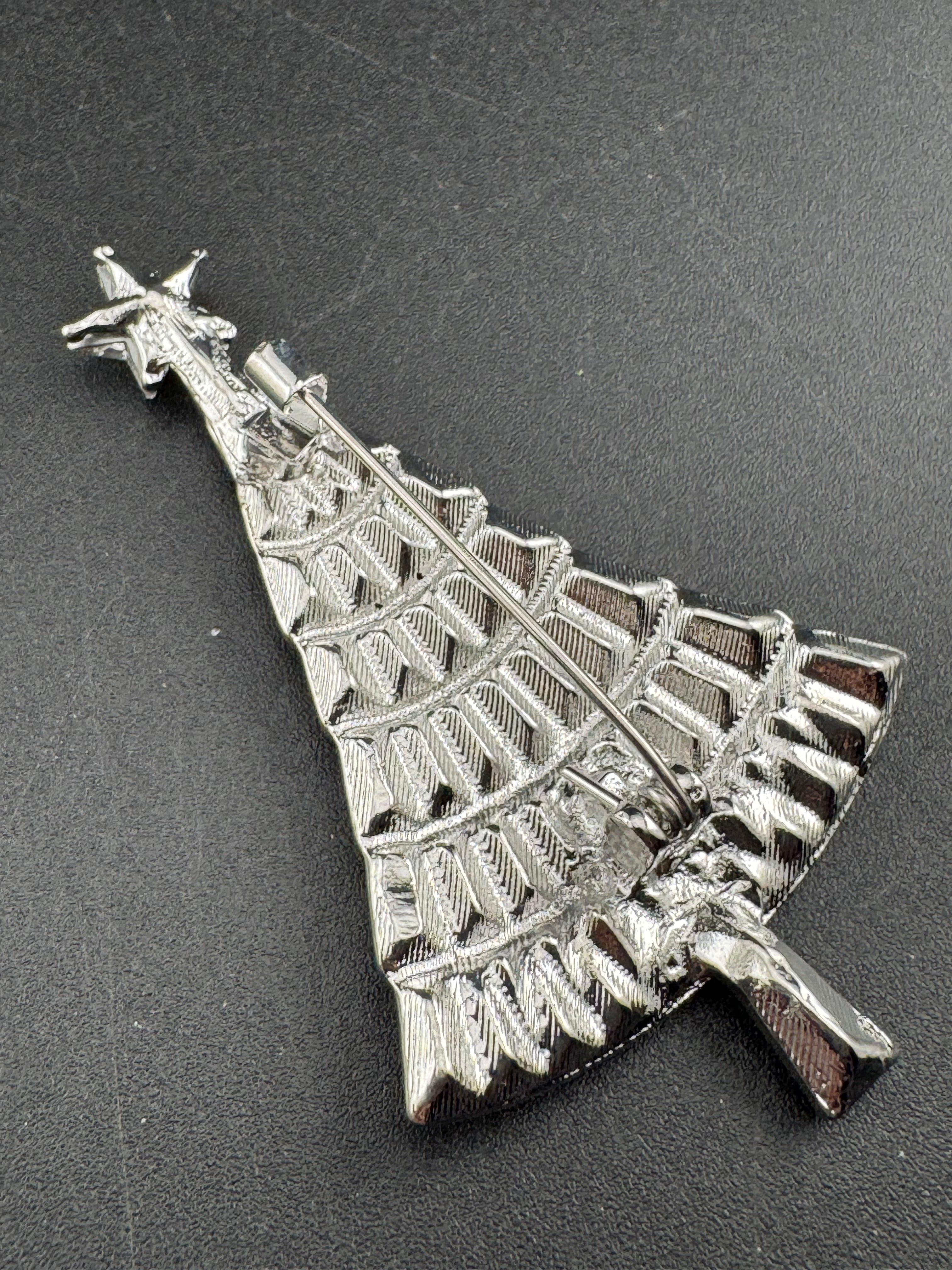 Baguette Crystal diamanté Christmas tree brooch, silver