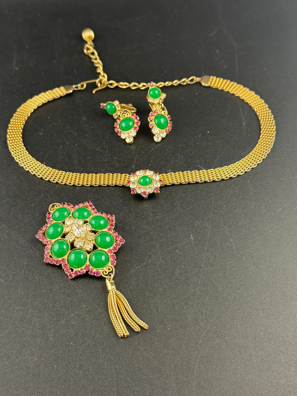 Vintage Juliana Jewelry Set, Pink Rhinestone, Green Cabochon, Gold Mesh