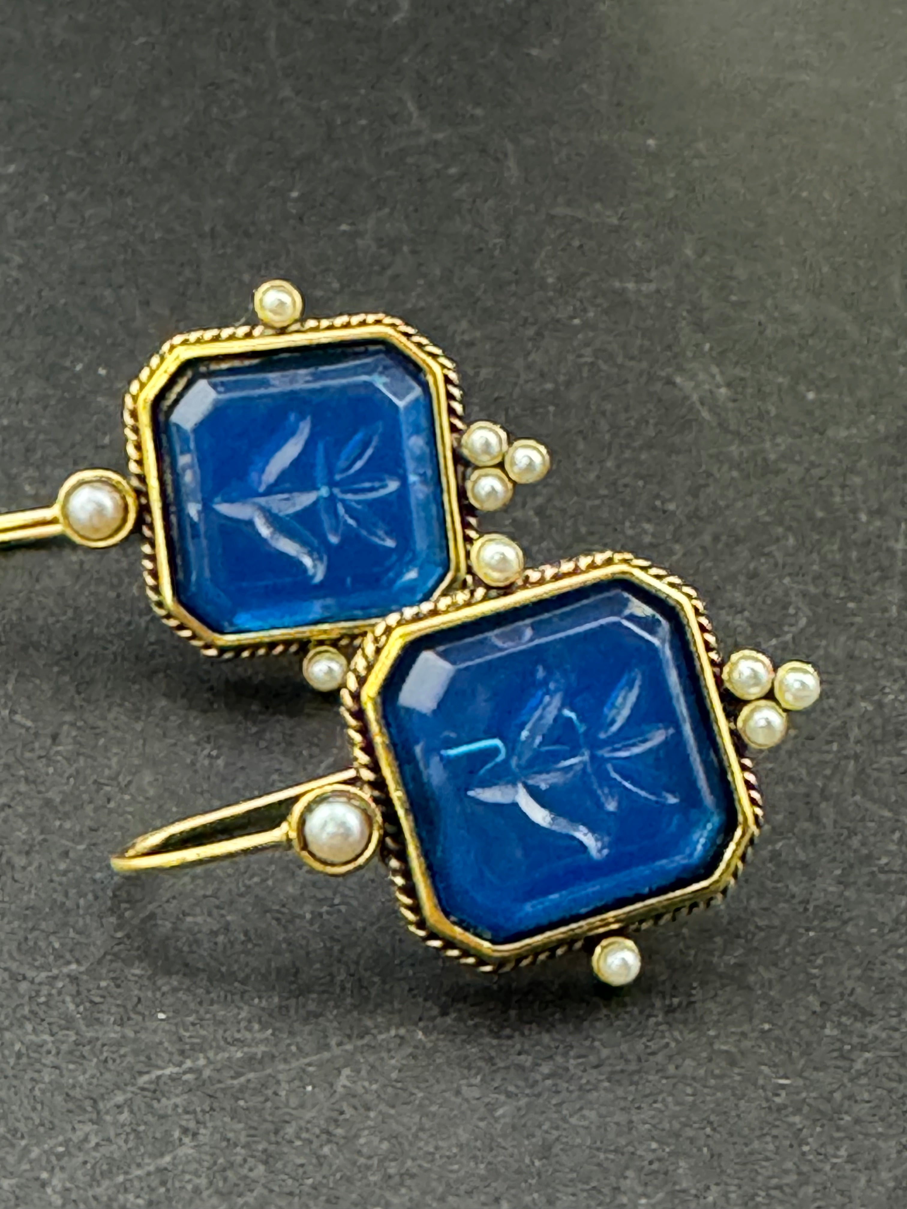 Victorian style emerald ruby and sapphire seed pearl drop earrings