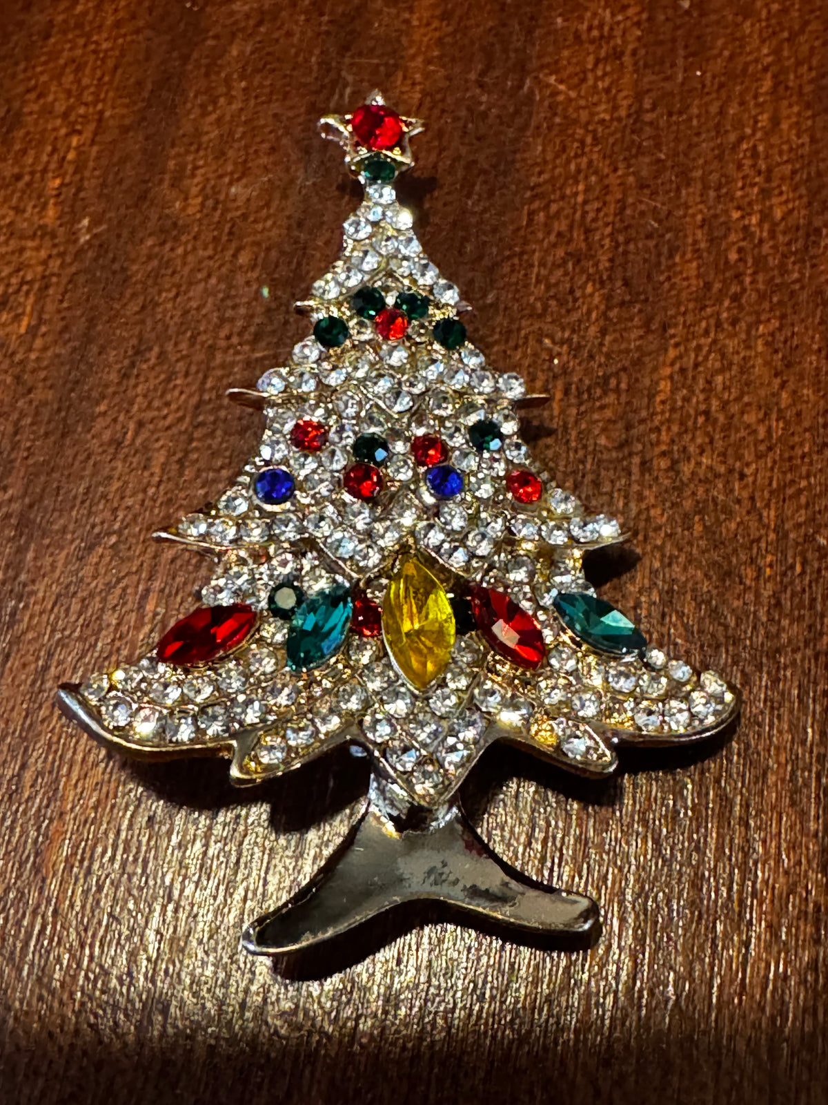 Coloured Rhinestone Christmas tree brooch, gold tone , festive jewellery