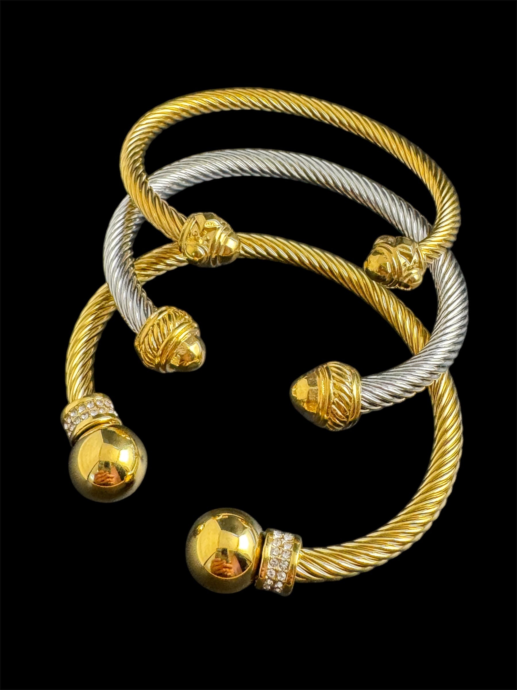 Etruscan style open twisted rhinestone torque cuff bangle gold tone