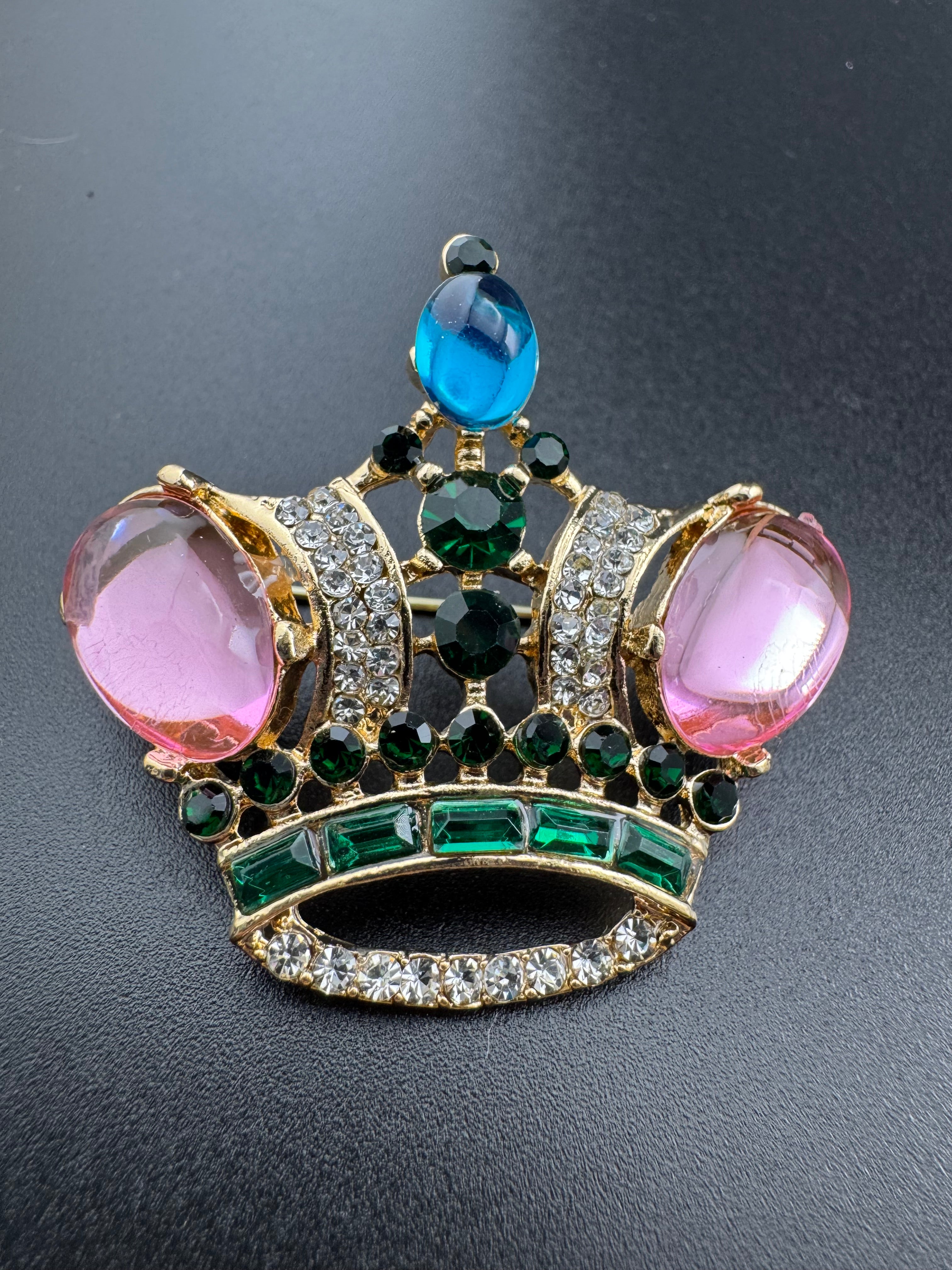 Royal crown brooch set with pink cabochons and coloured rhinestones