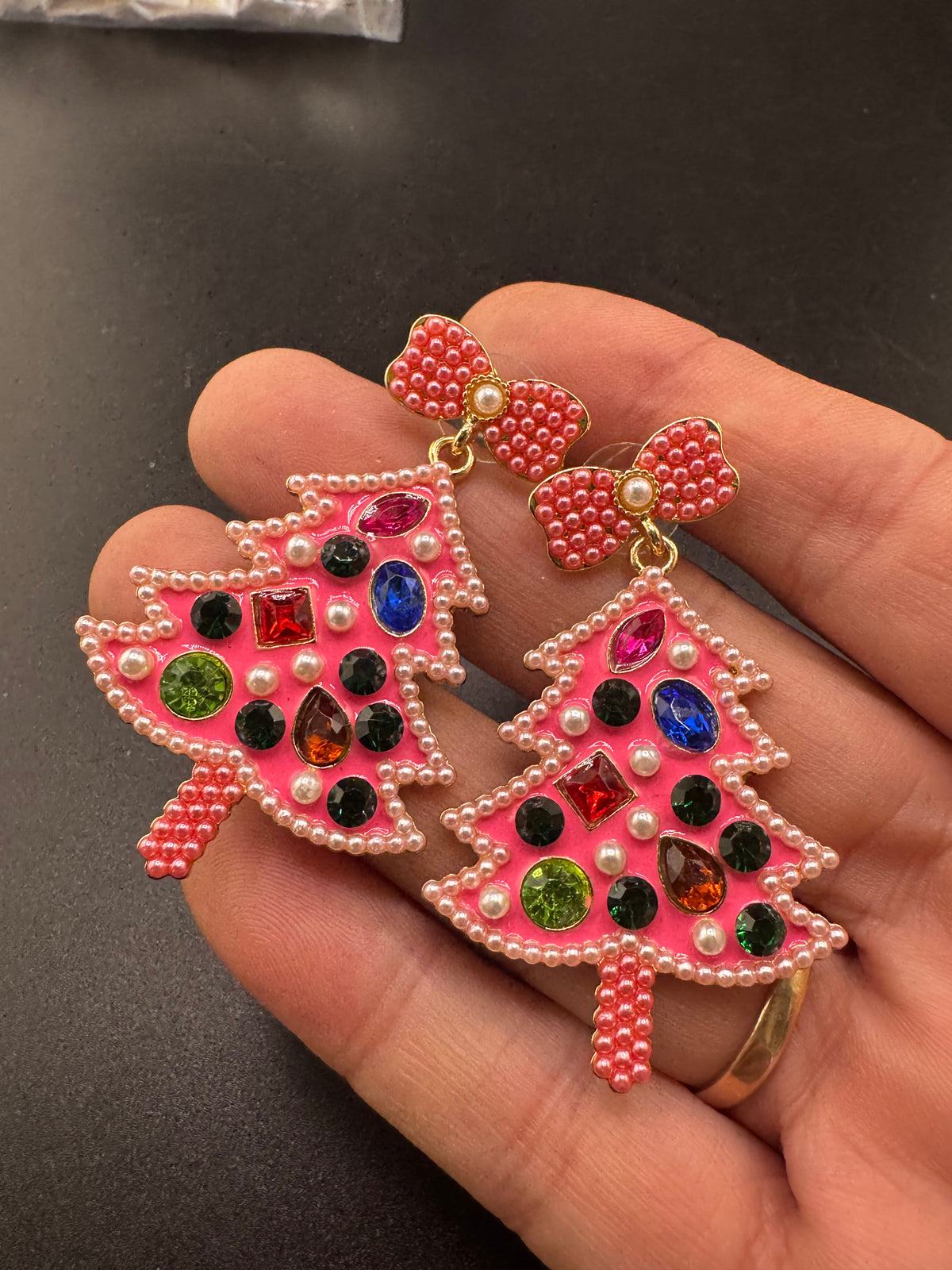 Oversized pink Christmas tree dangly earrings for pierced ears
