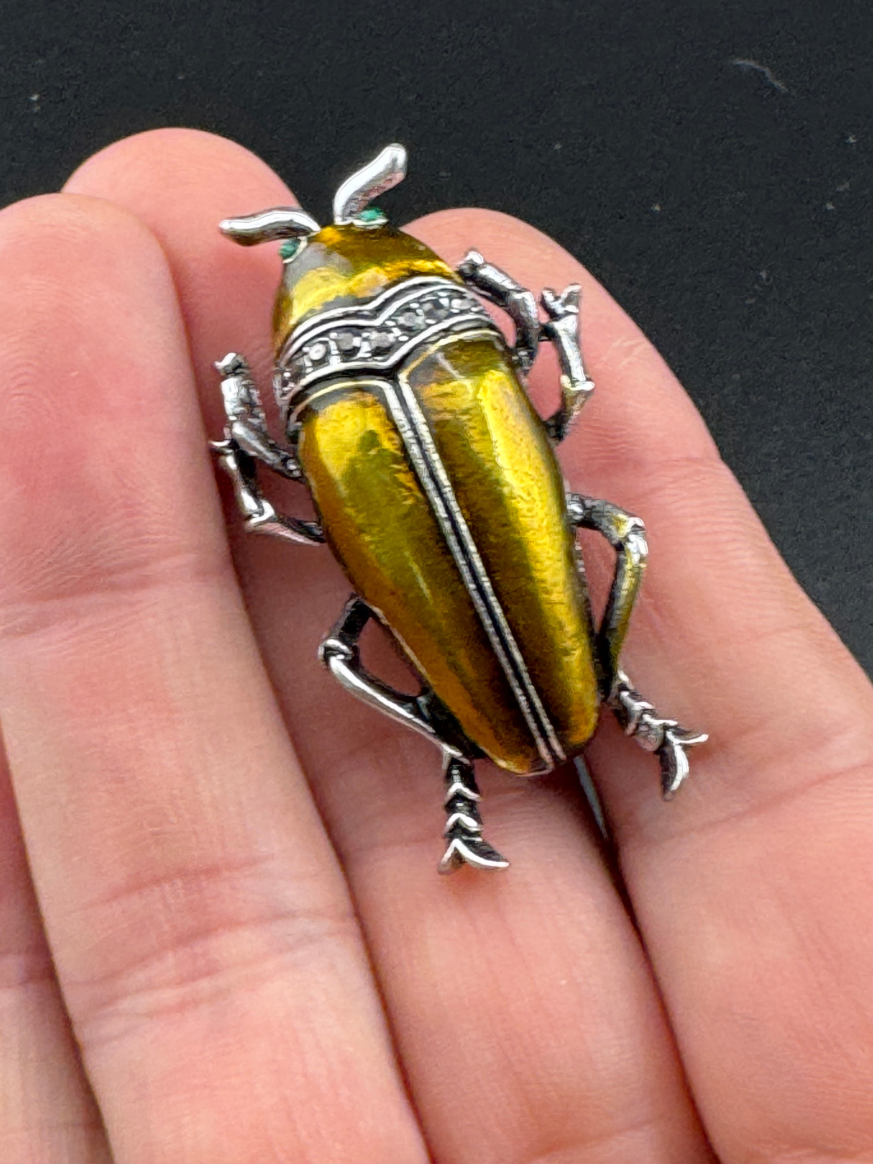Marcasite beetle brooch, Bronze gold metallic enamel , new bug brooch