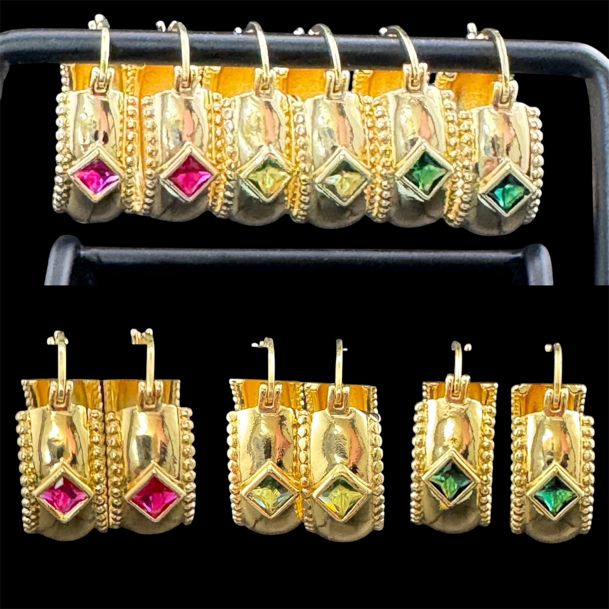 Wide crystal gold hoop earrings with pink emerald and tourmaline crystals