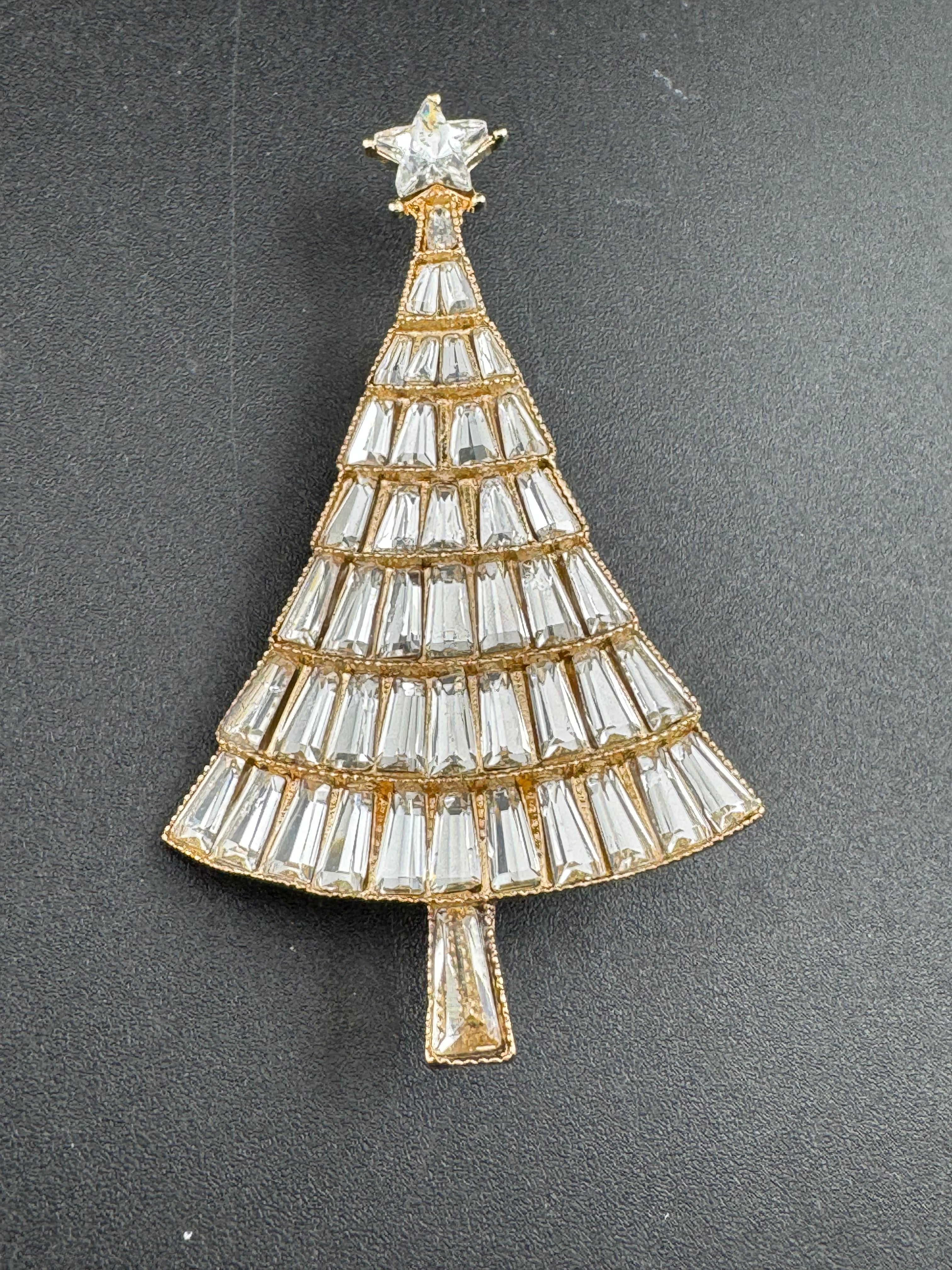 Baguette Crystal diamanté Christmas tree brooch, gold
