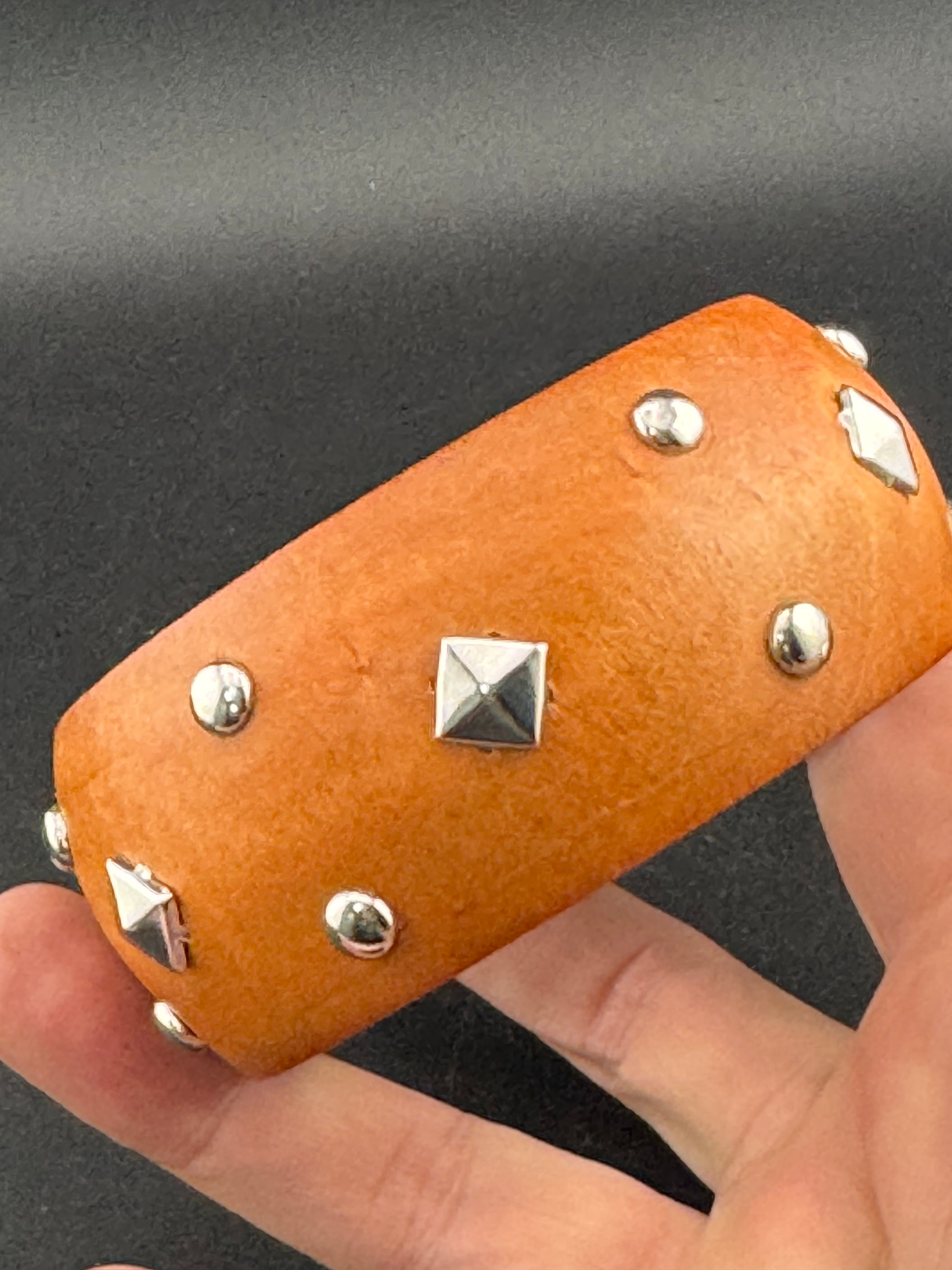 Oversized wide designed silver metal studded wooden bangle