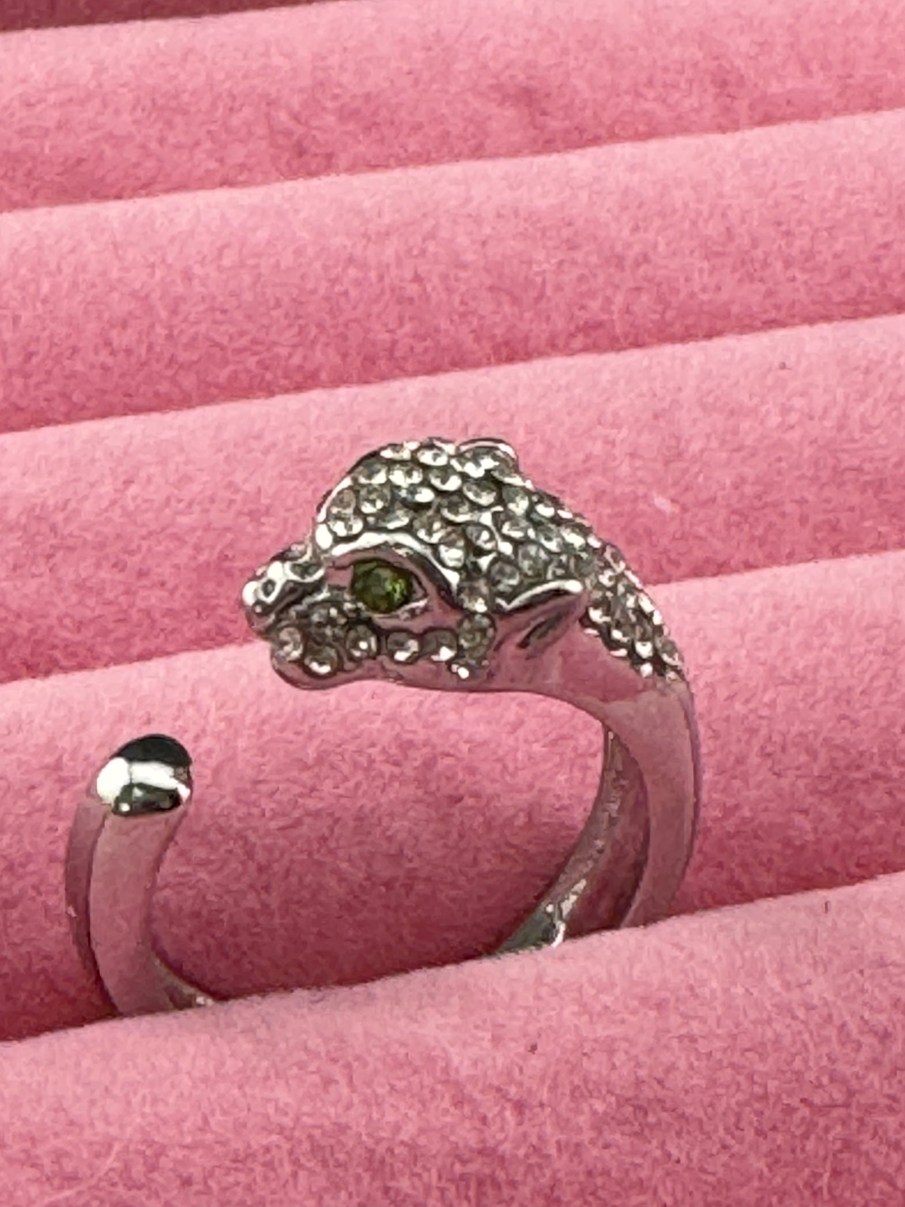 Crystal Silver plated big cat leopard adjustable ring