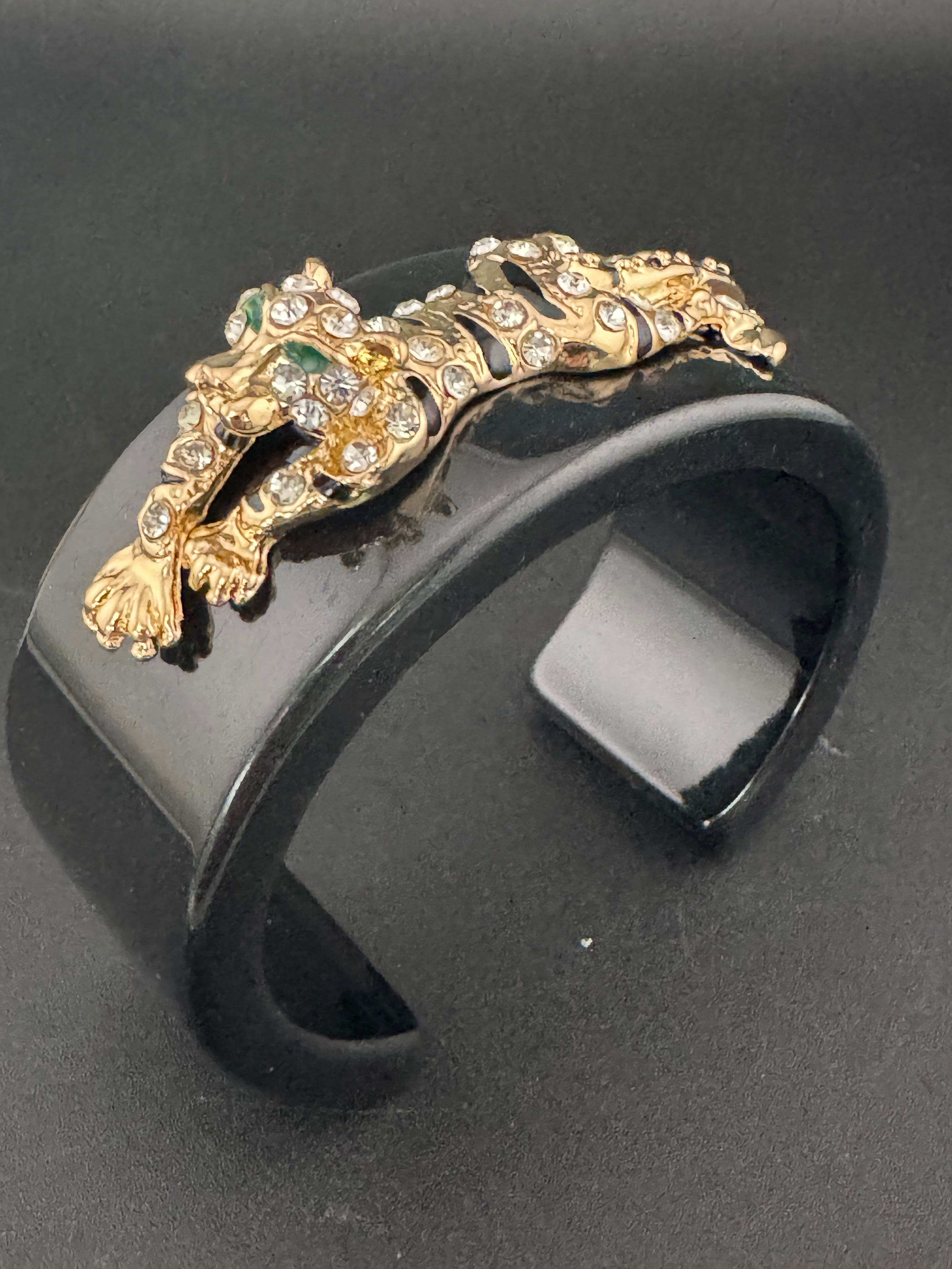 Black acrylic big cat black enamel and clear crystal gold tone cuff bangle bracelet
