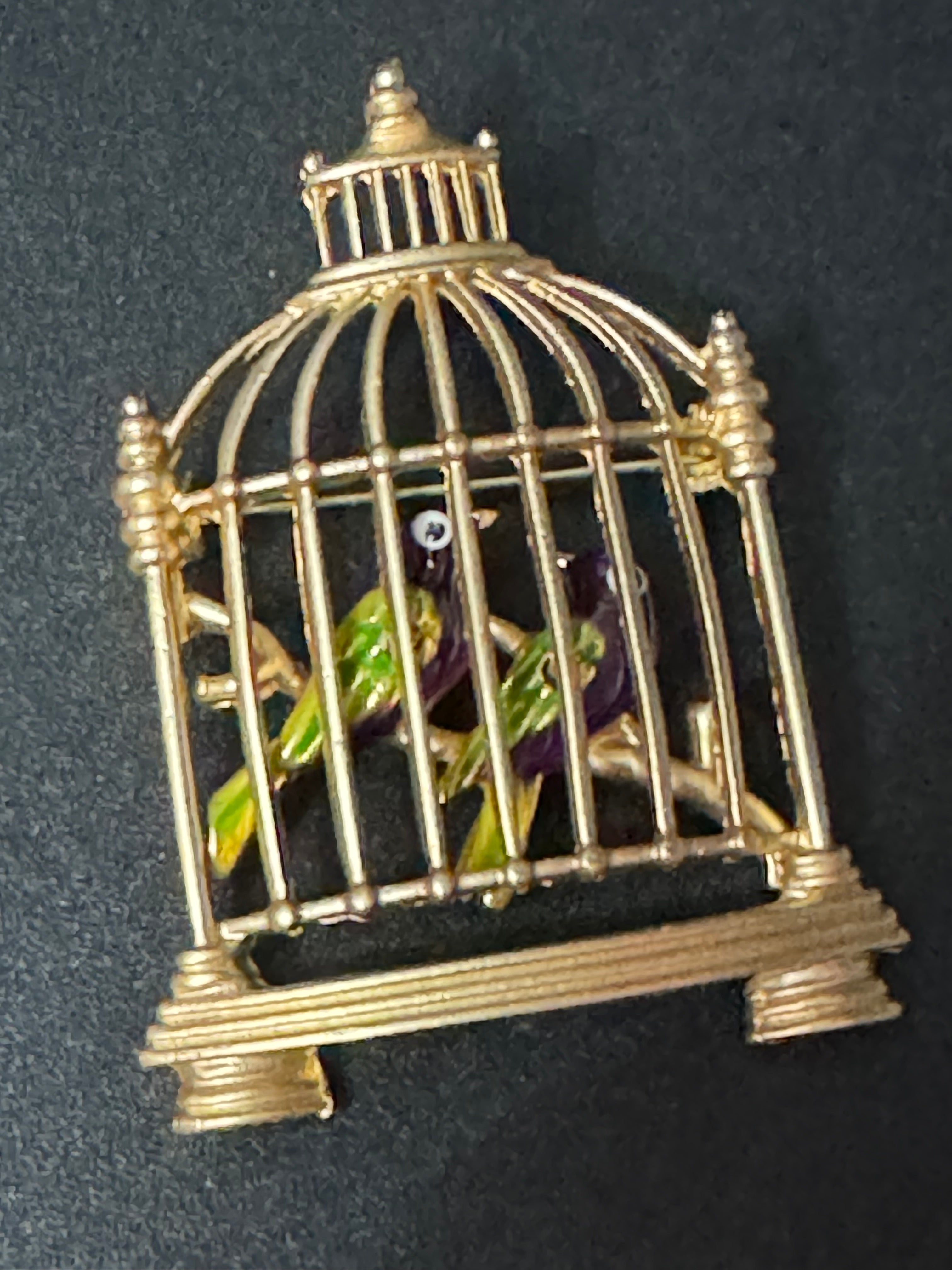 Novelty Green enamel birds in a cage gold tone large brooch