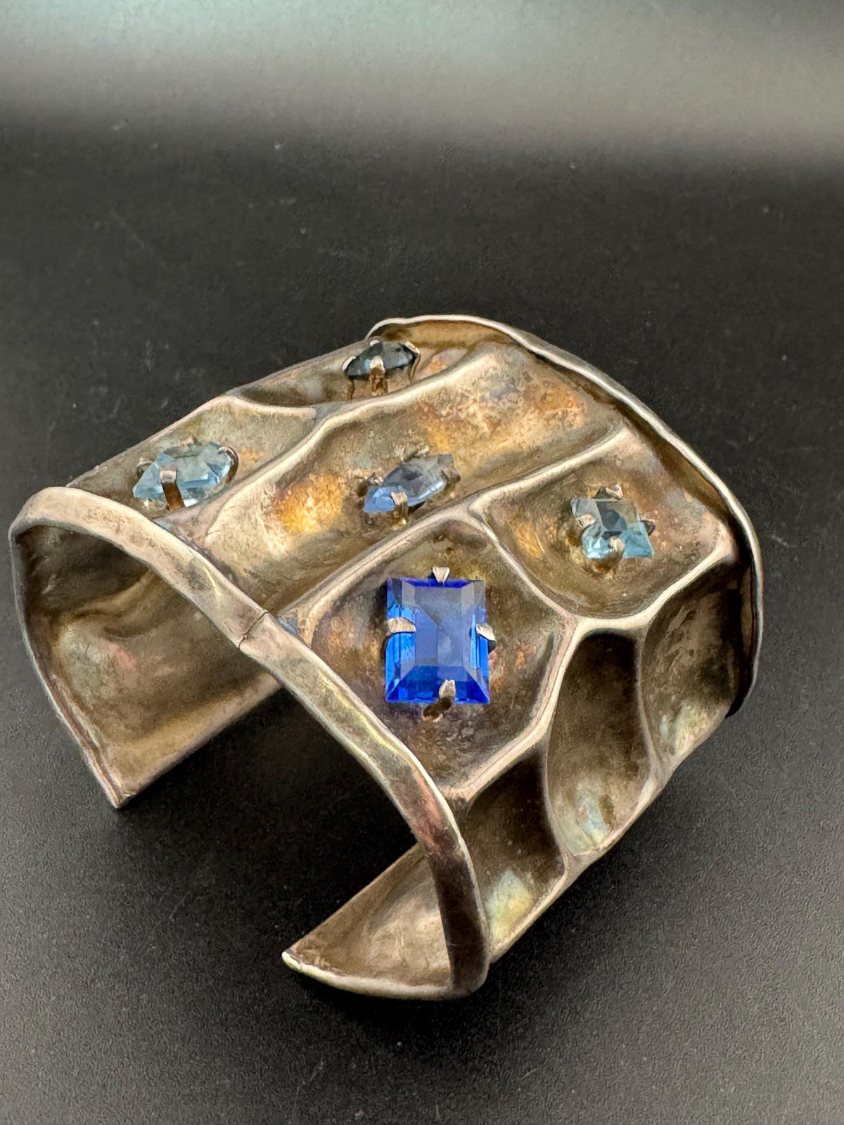Vintage Sterling Silver Cuff, Wide Blue Crystal Open Bangle, 6 Cm