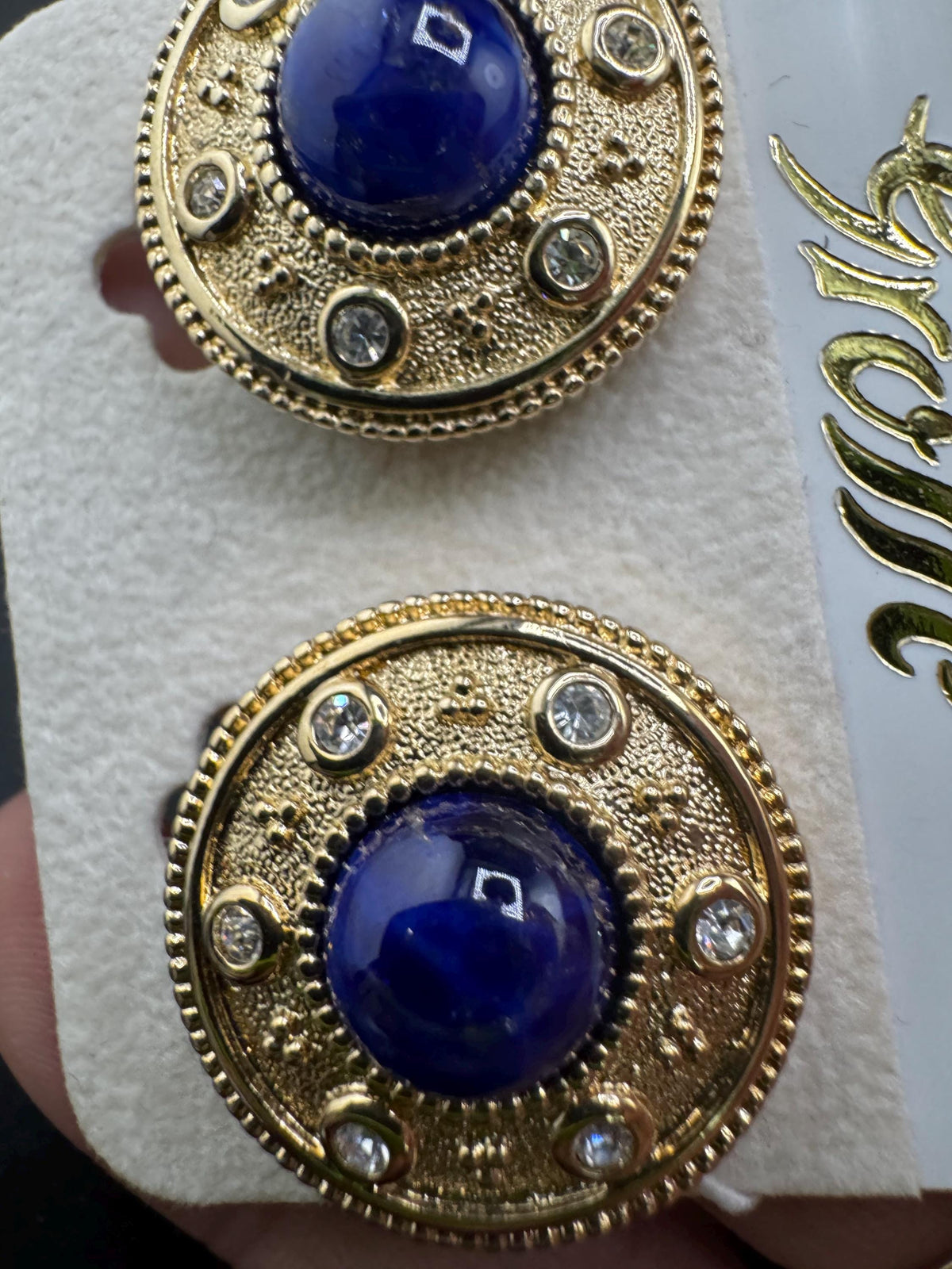 Grosse Clip On Earrings, Faux Blue Lapis, Rhinestones, Gold Plated