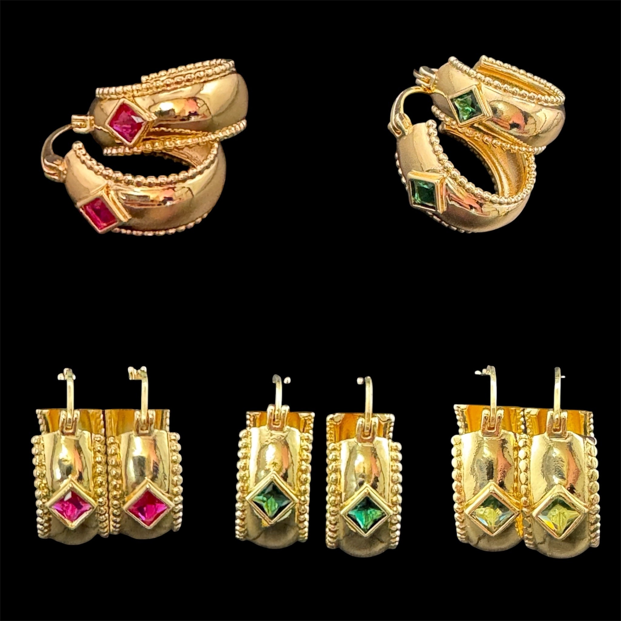Wide crystal gold hoop earrings with pink emerald and tourmaline crystals