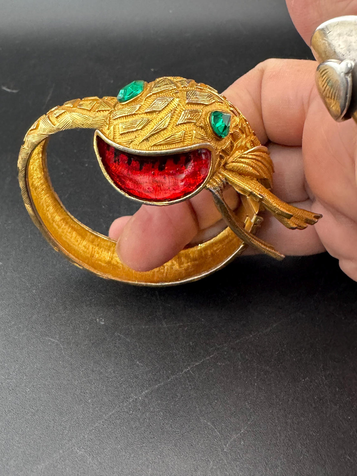 Vintage Serpent Bangle - Red Enamel, Emerald Rhinestones, Gold