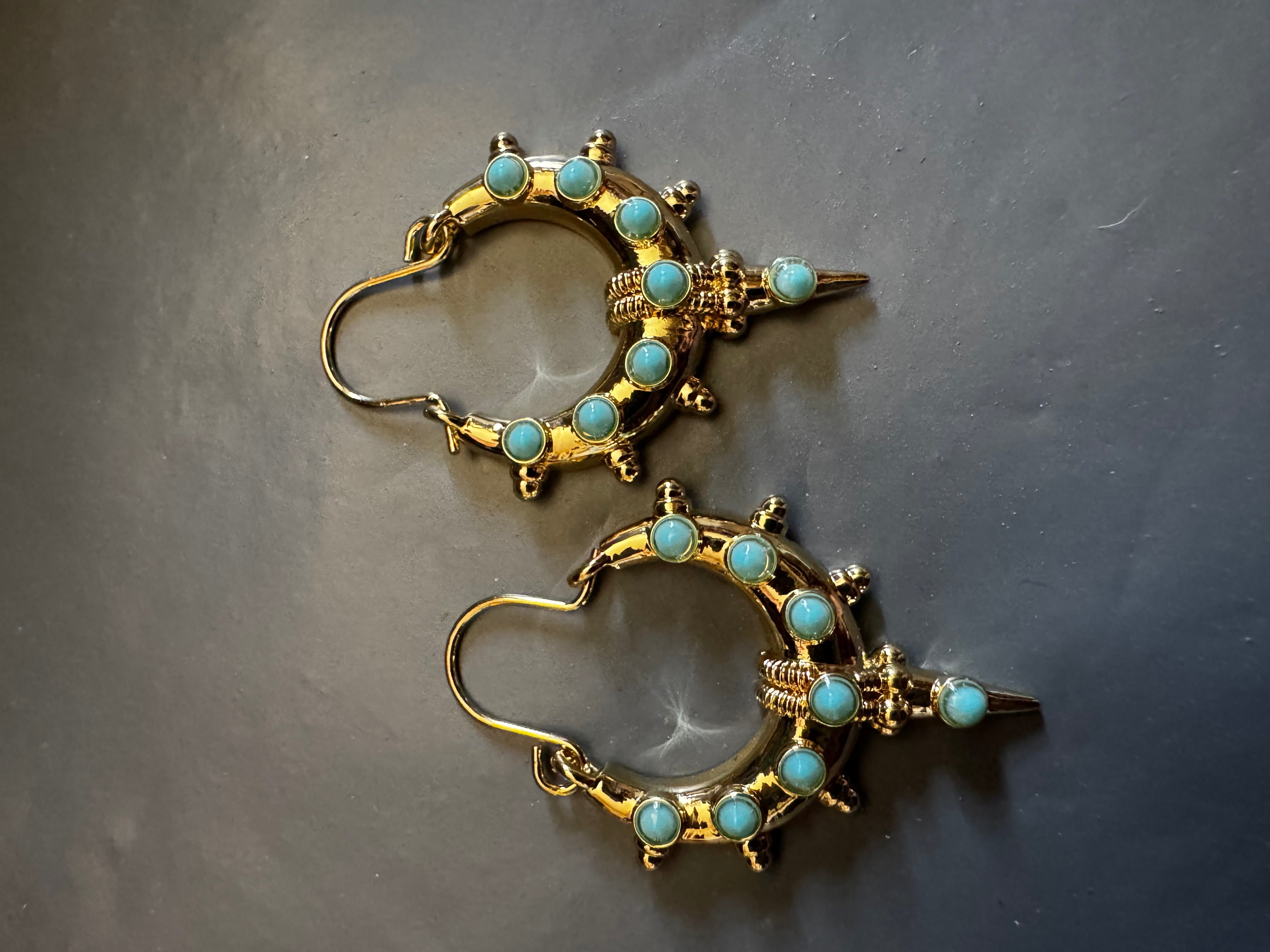 Etruscan Gold Plated Turquoise Blue Statement Hoop Earrings