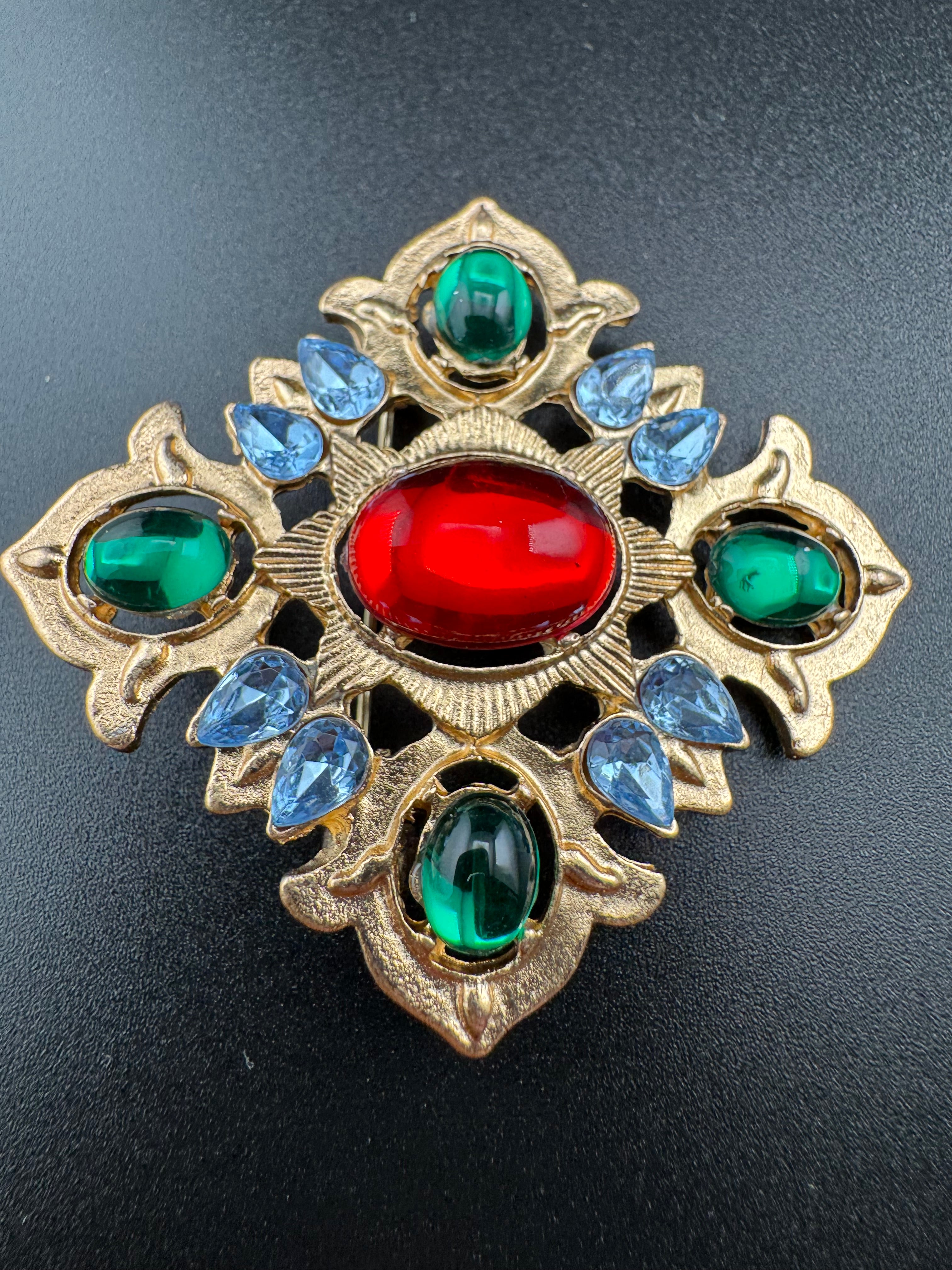 Statement Medieval style gold ruby rhinestone cross brooch