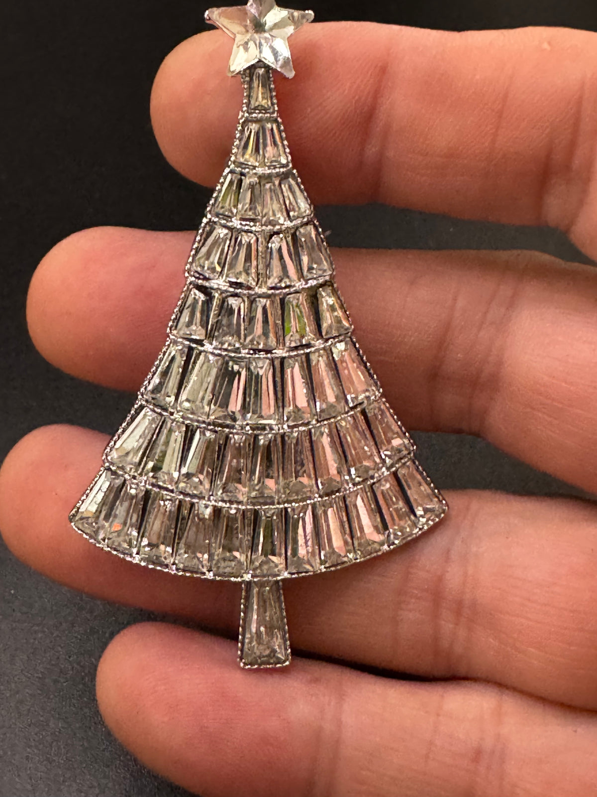 Rhinestone Christmas tree brooch, silver tone , festive jewellery