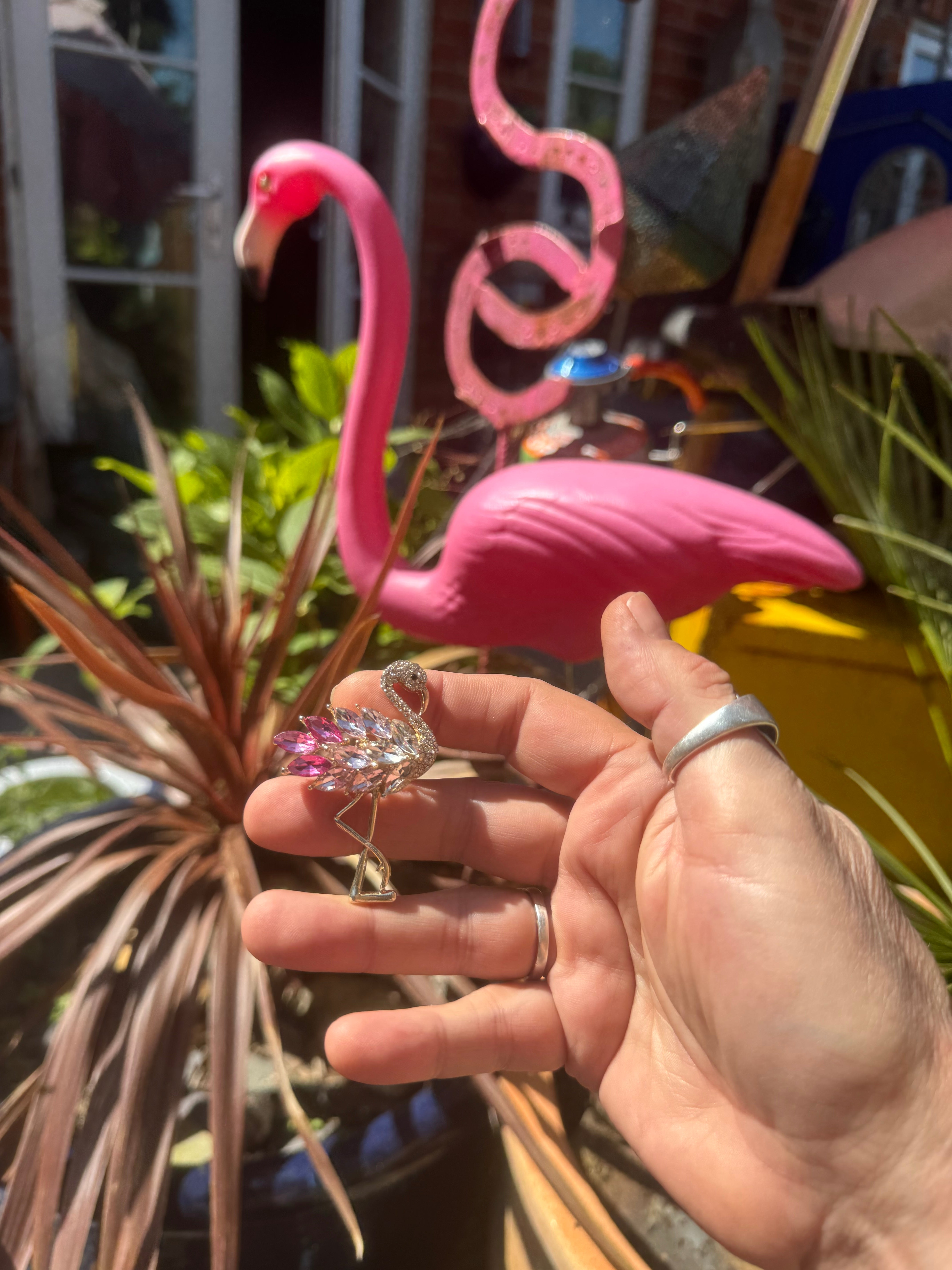 Pink crystal flamingo brooch , silver tone
