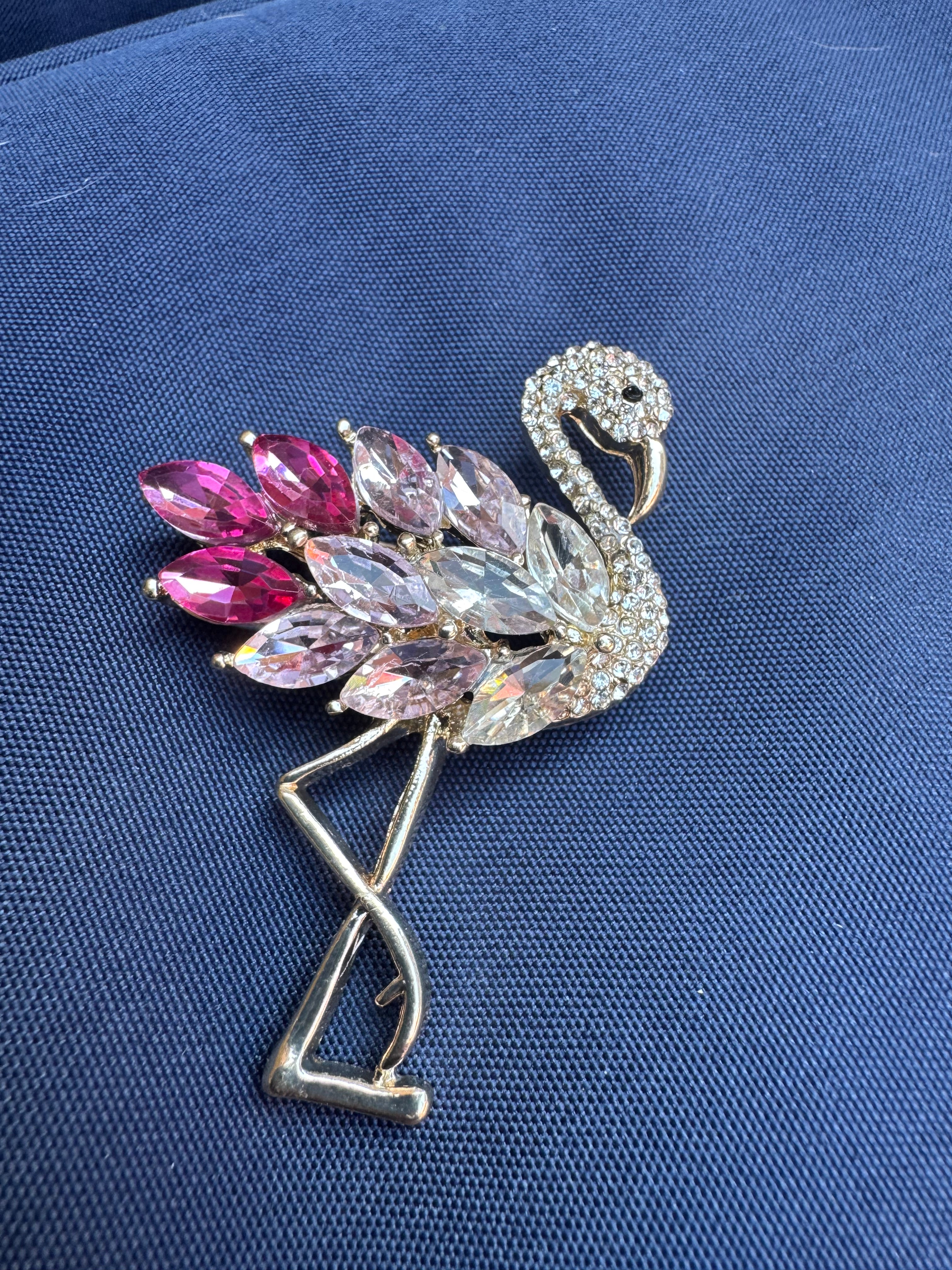 Pink crystal flamingo brooch , silver tone