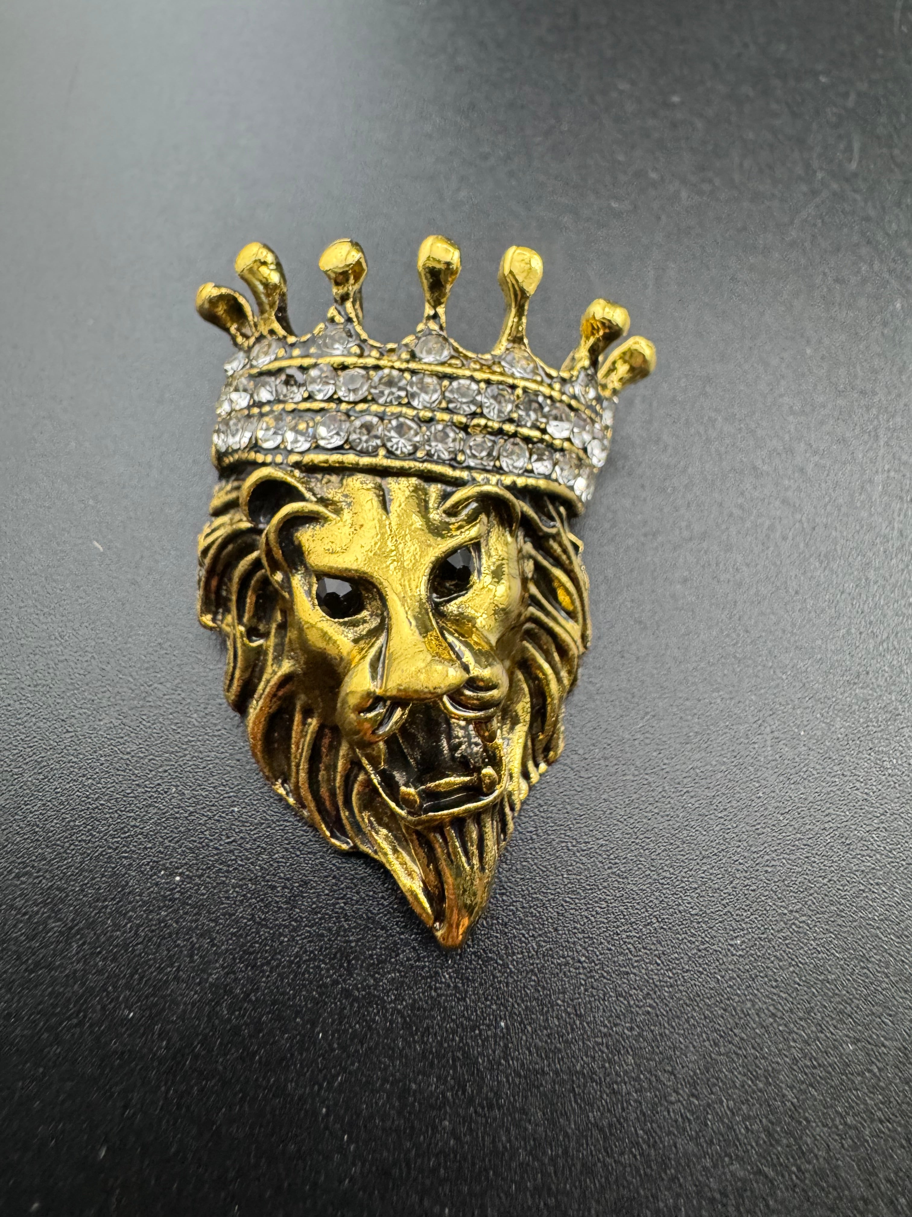 Crystal royal crown gold lion brooch, antique gold tone