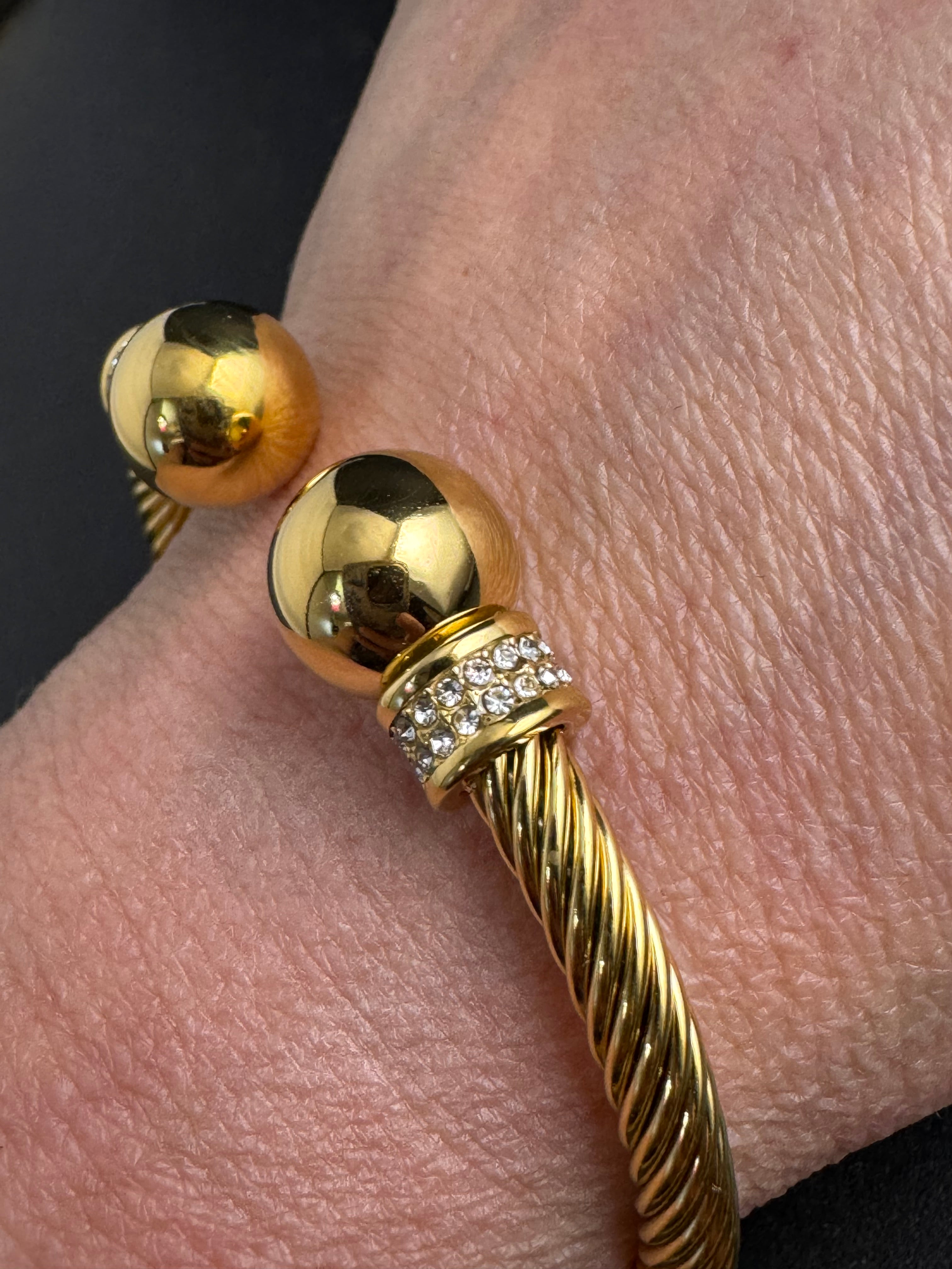 Etruscan style open twisted rhinestone torque cuff bangle gold tone