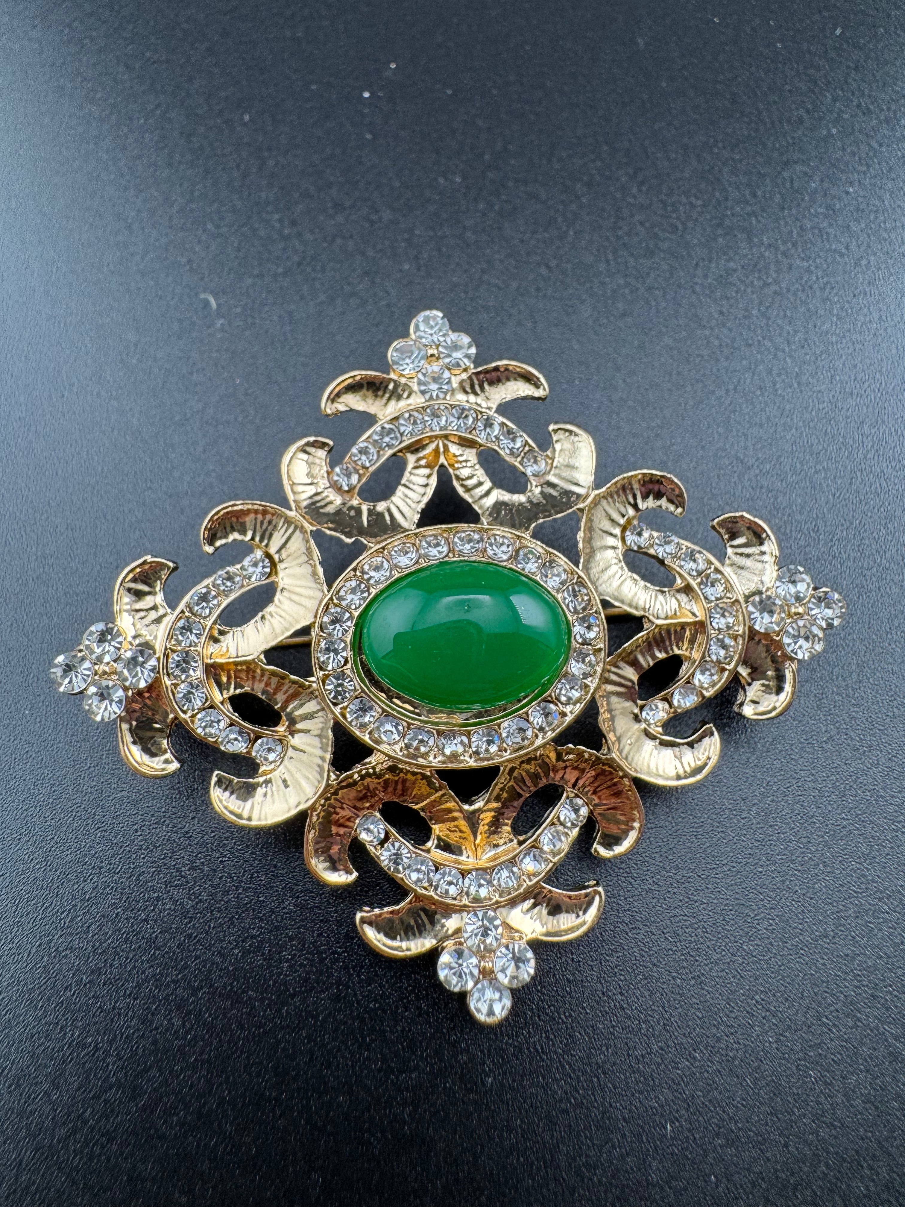 Statement Medieval style gold emerald cabochon rhinestone cross brooch