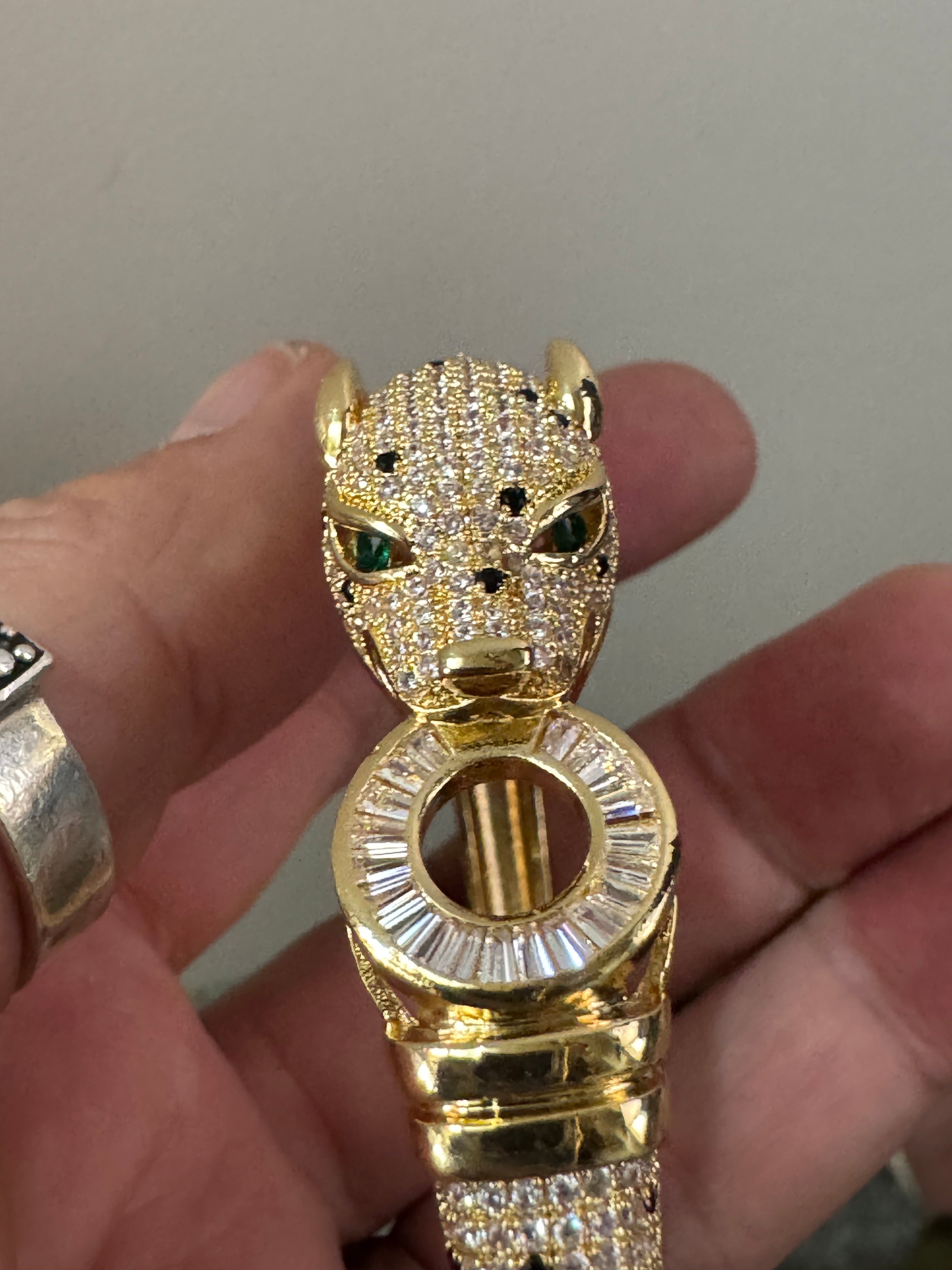 Classic big cat gold baguette rhinestone Crystal Leopard clamper Bangle Animal Bracelets