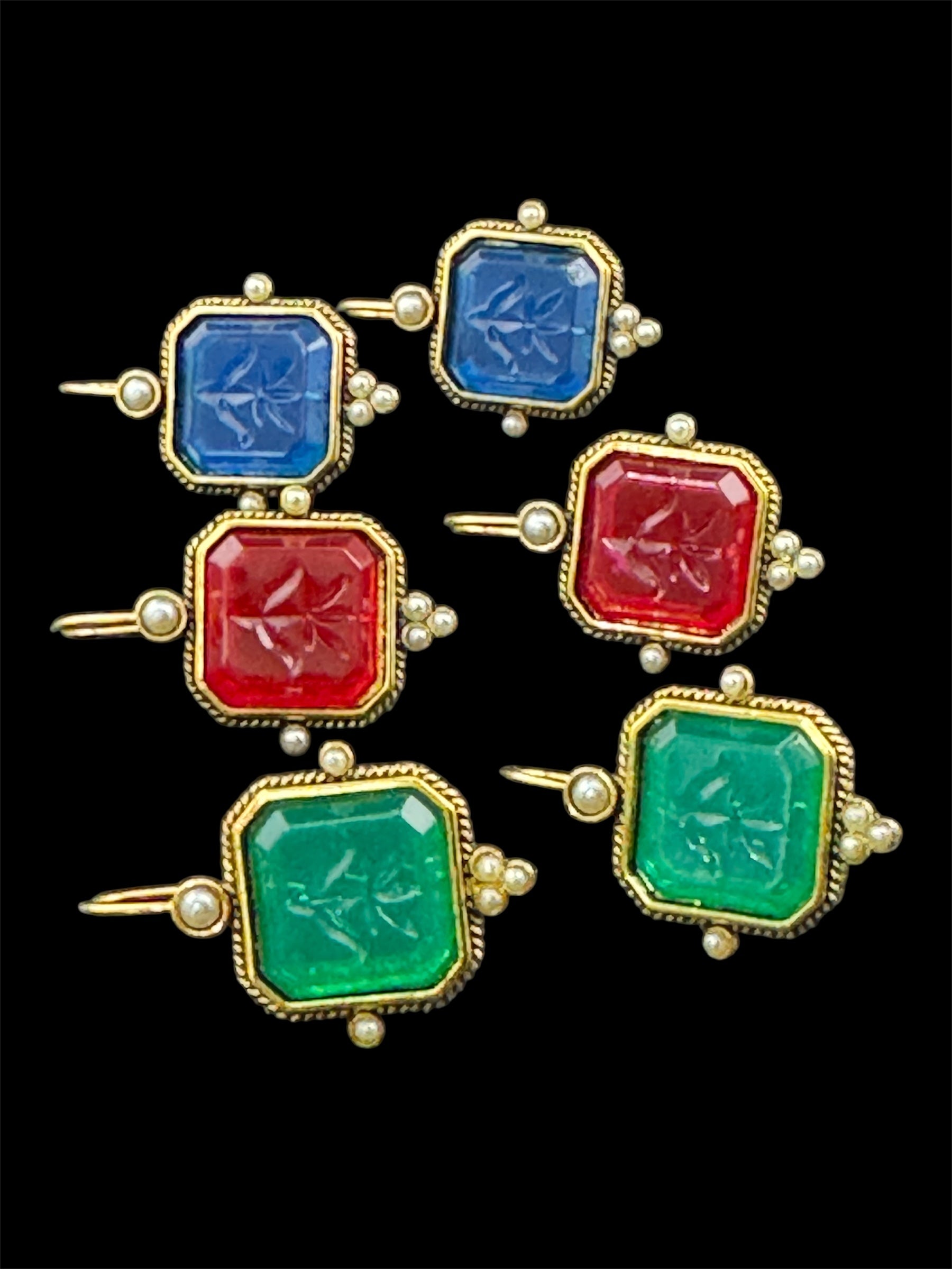 Victorian style emerald ruby and sapphire seed pearl drop earrings