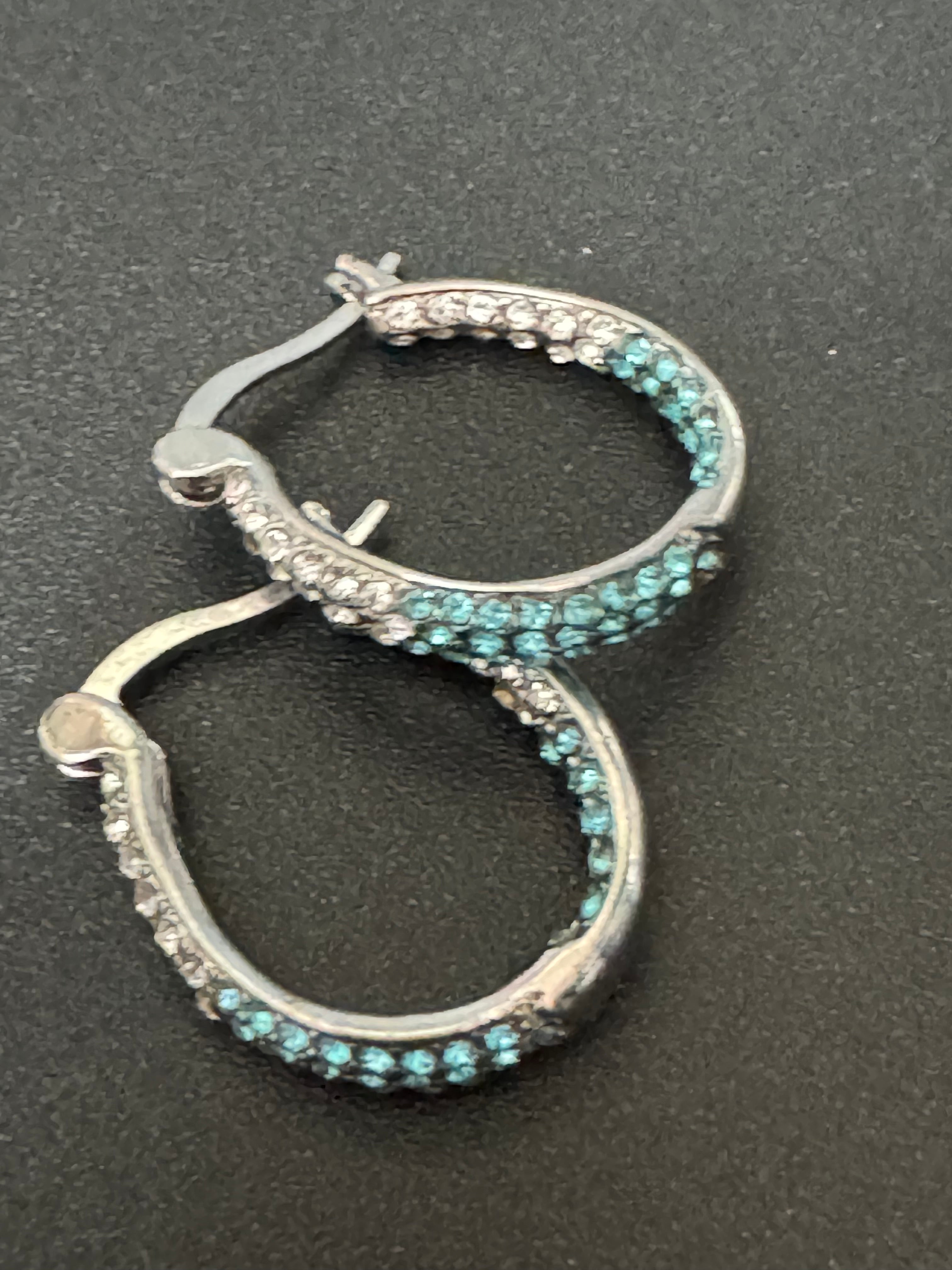 Turquoise blue & clear diamanté Crystal silver tone  small oval hoop earrings