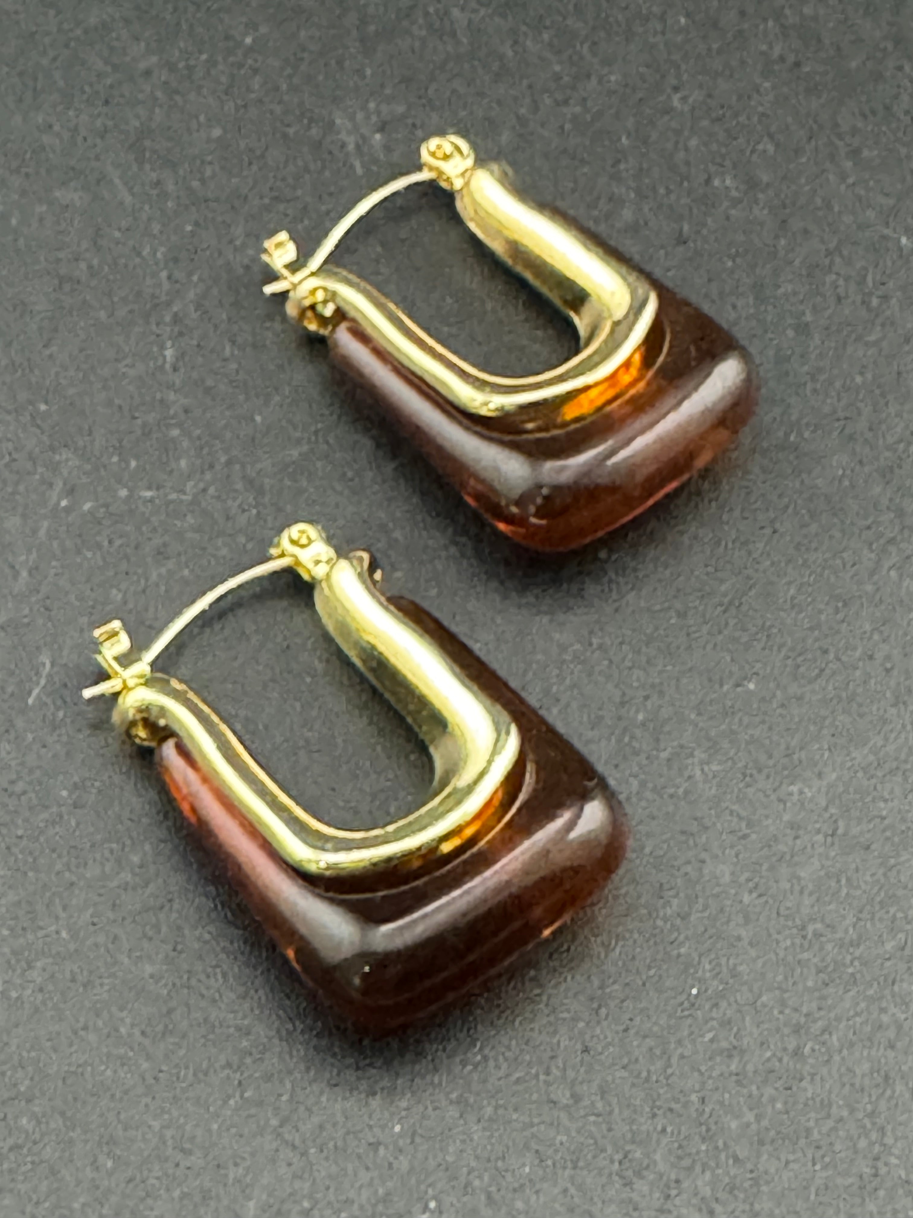 Brown acrylic gold tone pierced rectangular drop hoop earrings