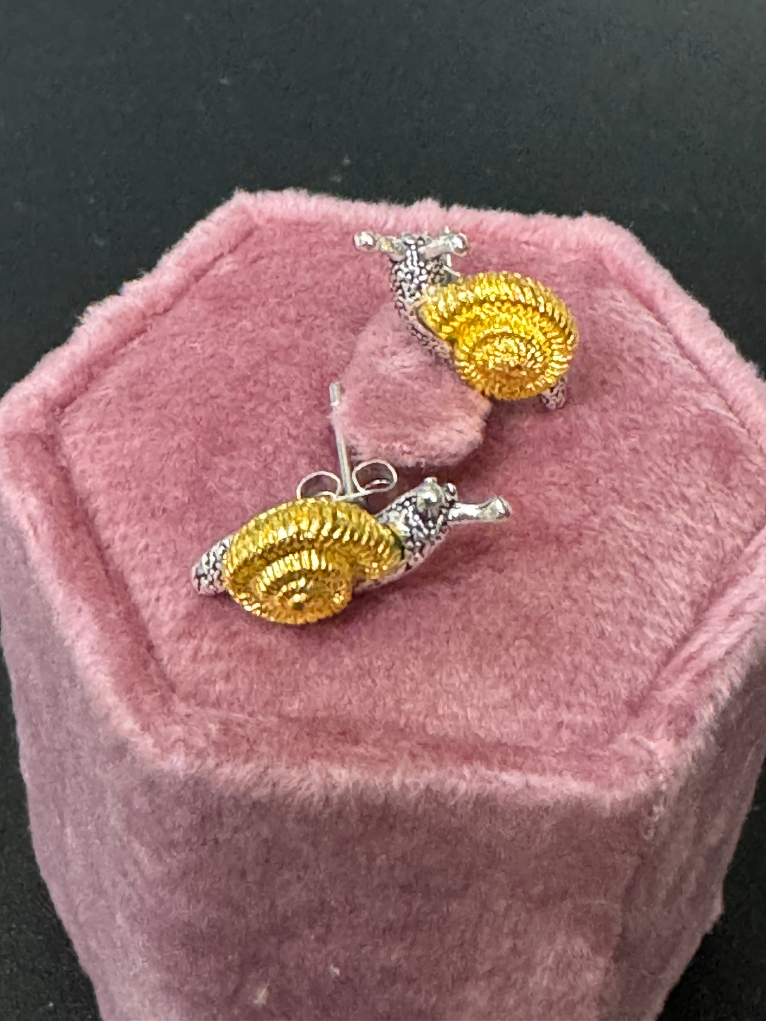 Small cute snail stud earrings for pierced ears gold and silver tone