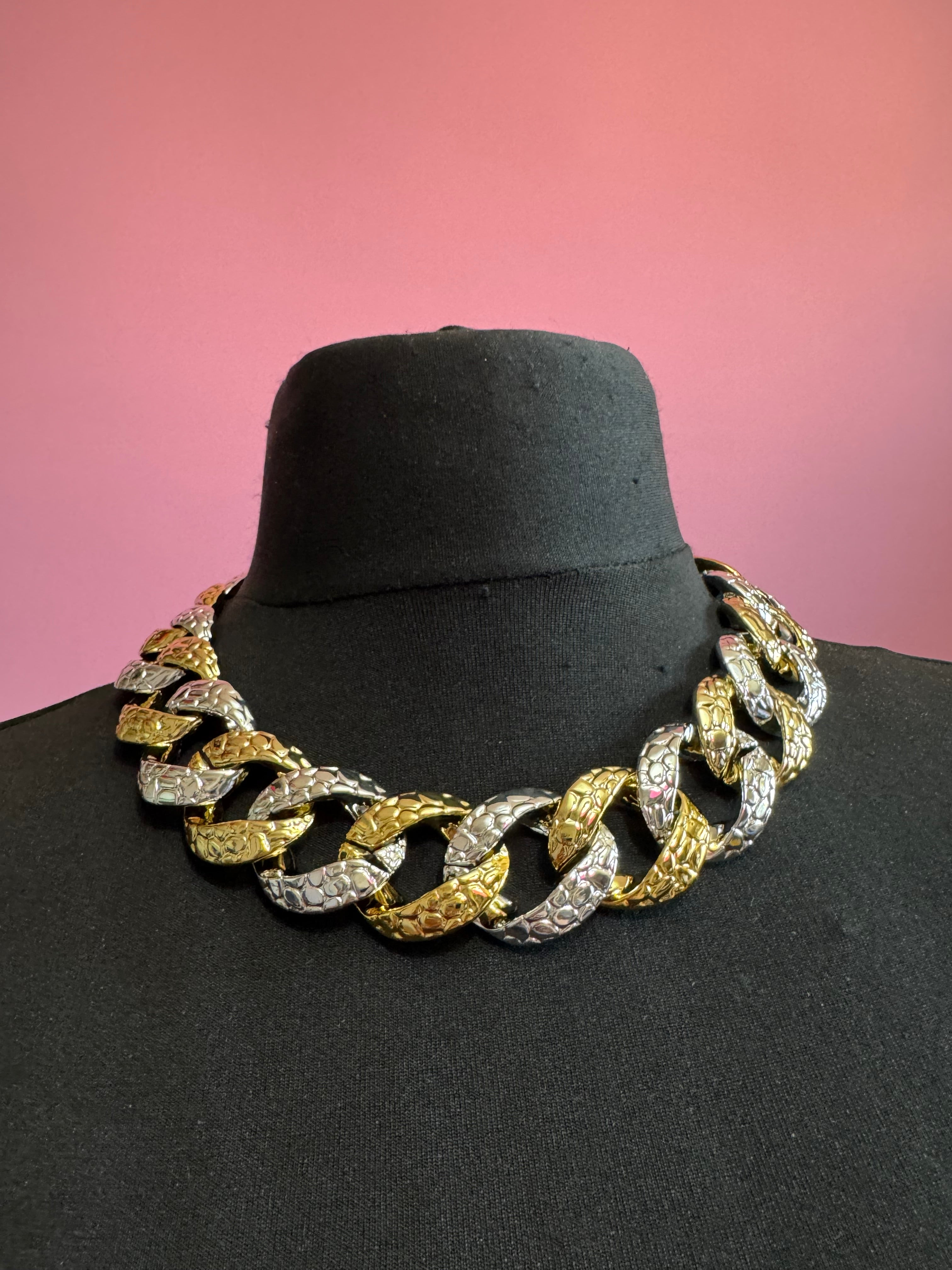Chunky acrylic gold and silver curb link choker necklace, oversized jewellery