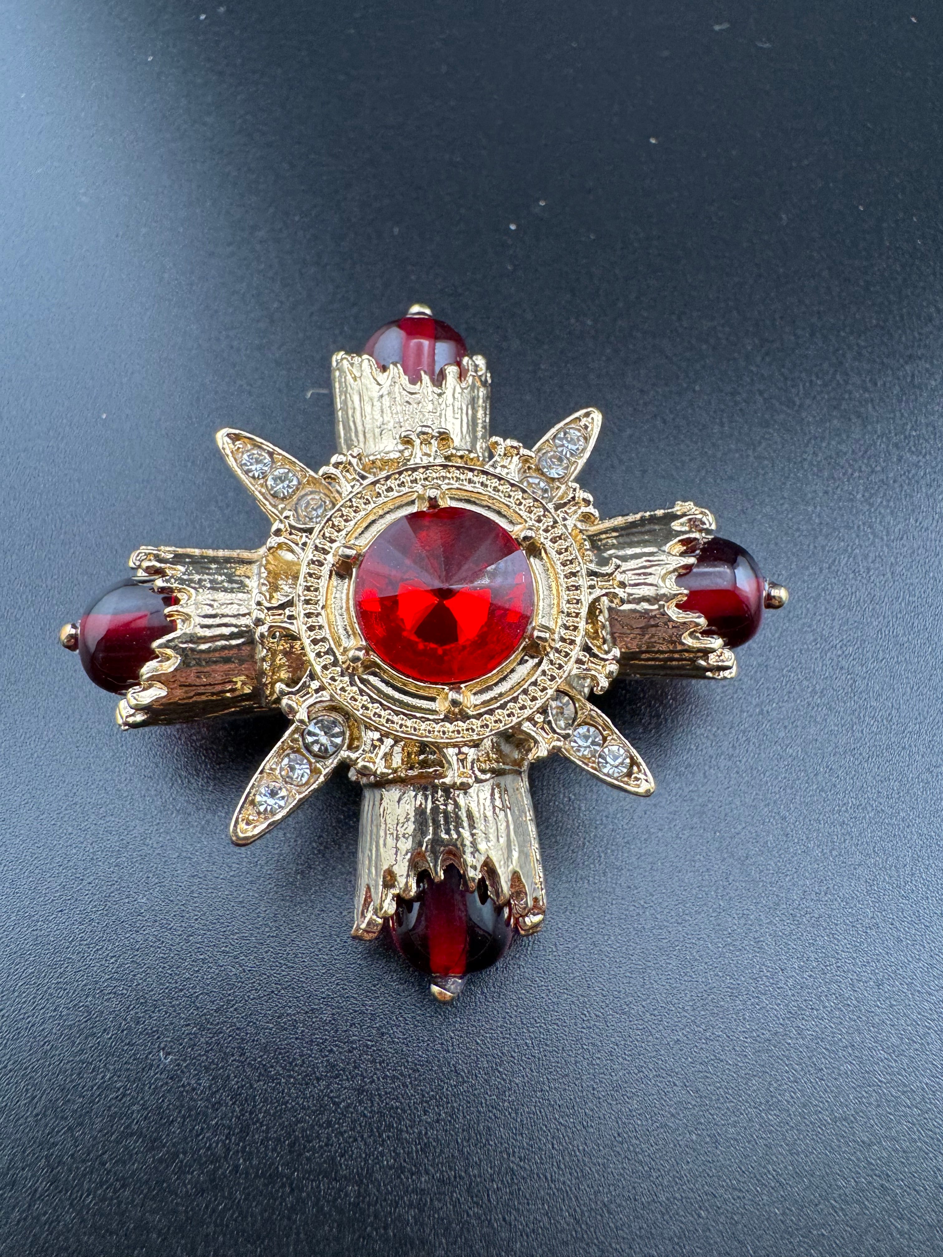 Statement Medieval style gold ruby rhinestone cross brooch