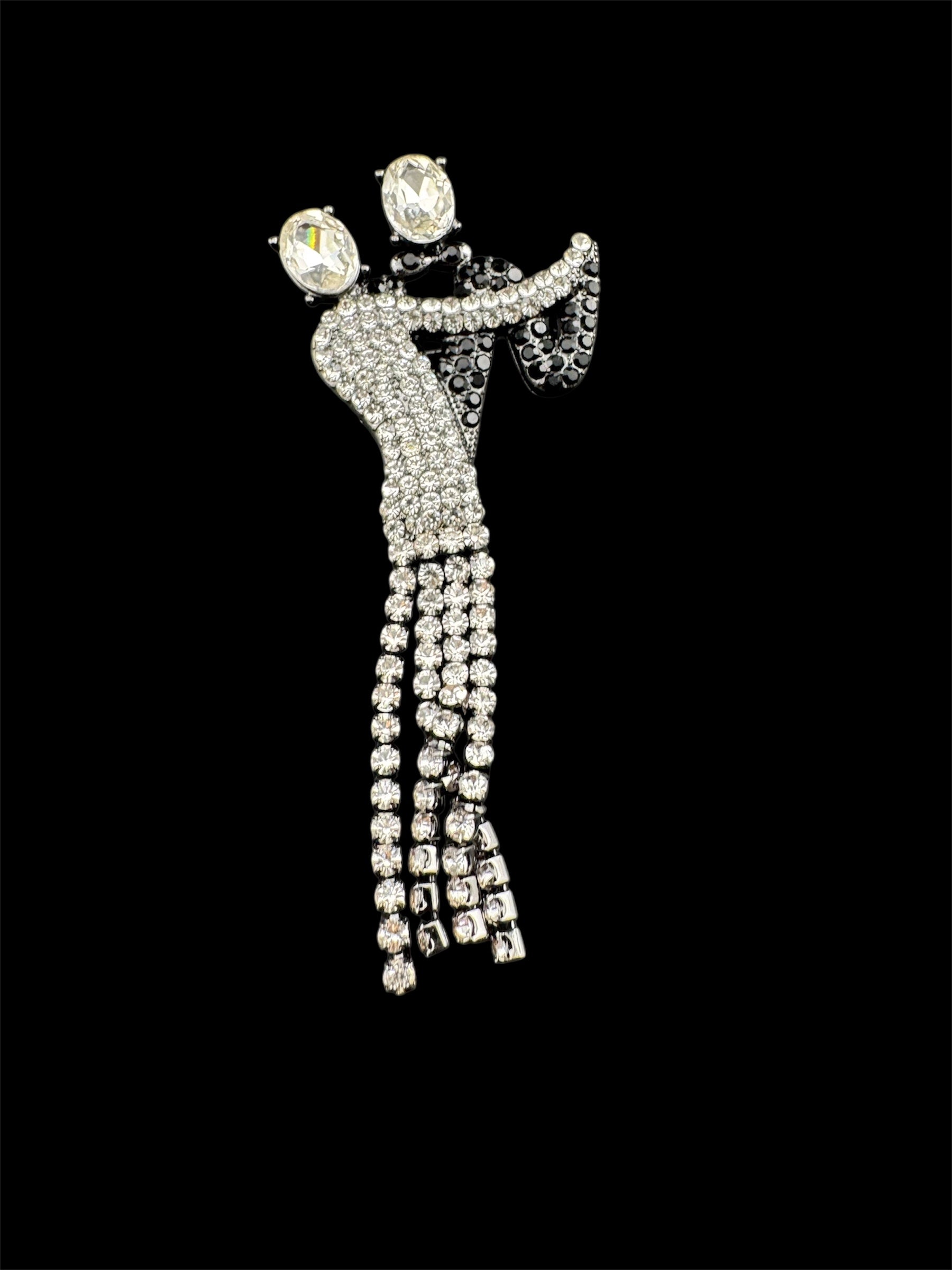 Black and white crystal ballroom dancers brooch