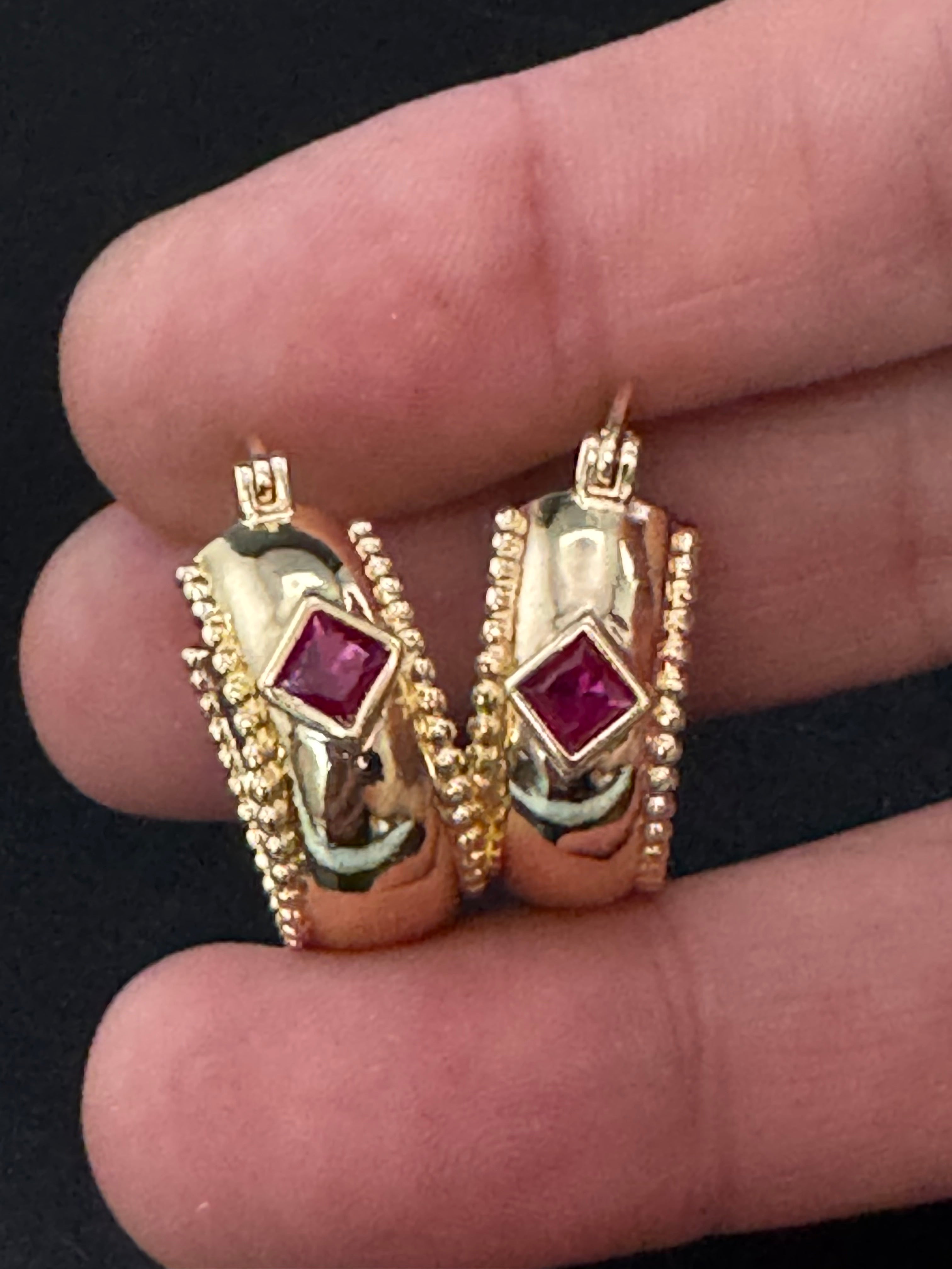 Wide crystal gold hoop earrings with pink emerald and tourmaline crystals