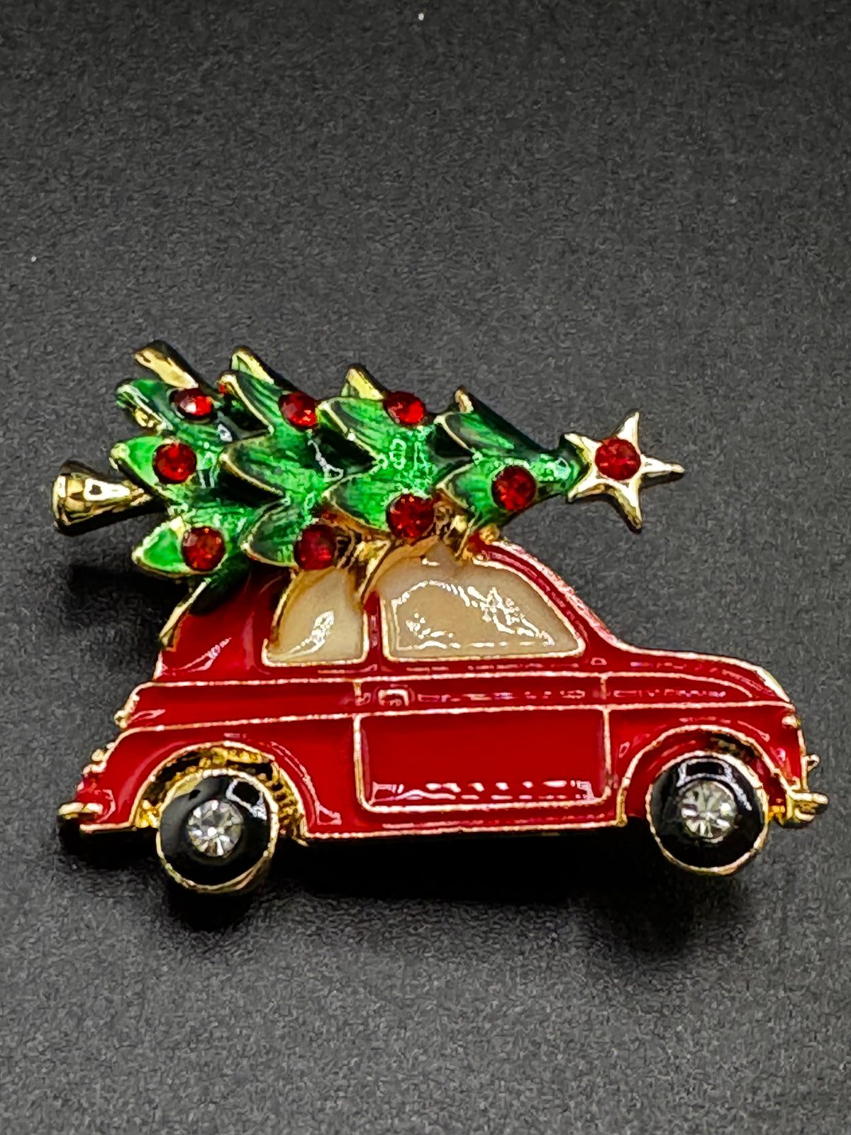 Driving home for Christmas tree brooch, gold tone and enamel  , festive jewellery
