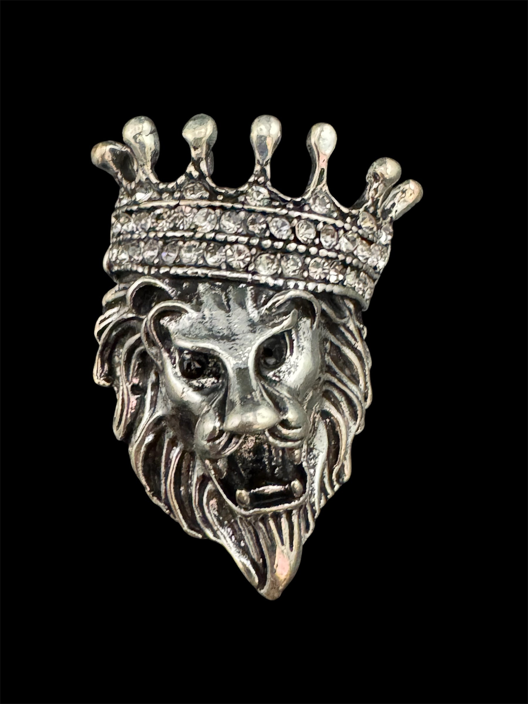 Diamanté silver lion brooch, antique pewter tone