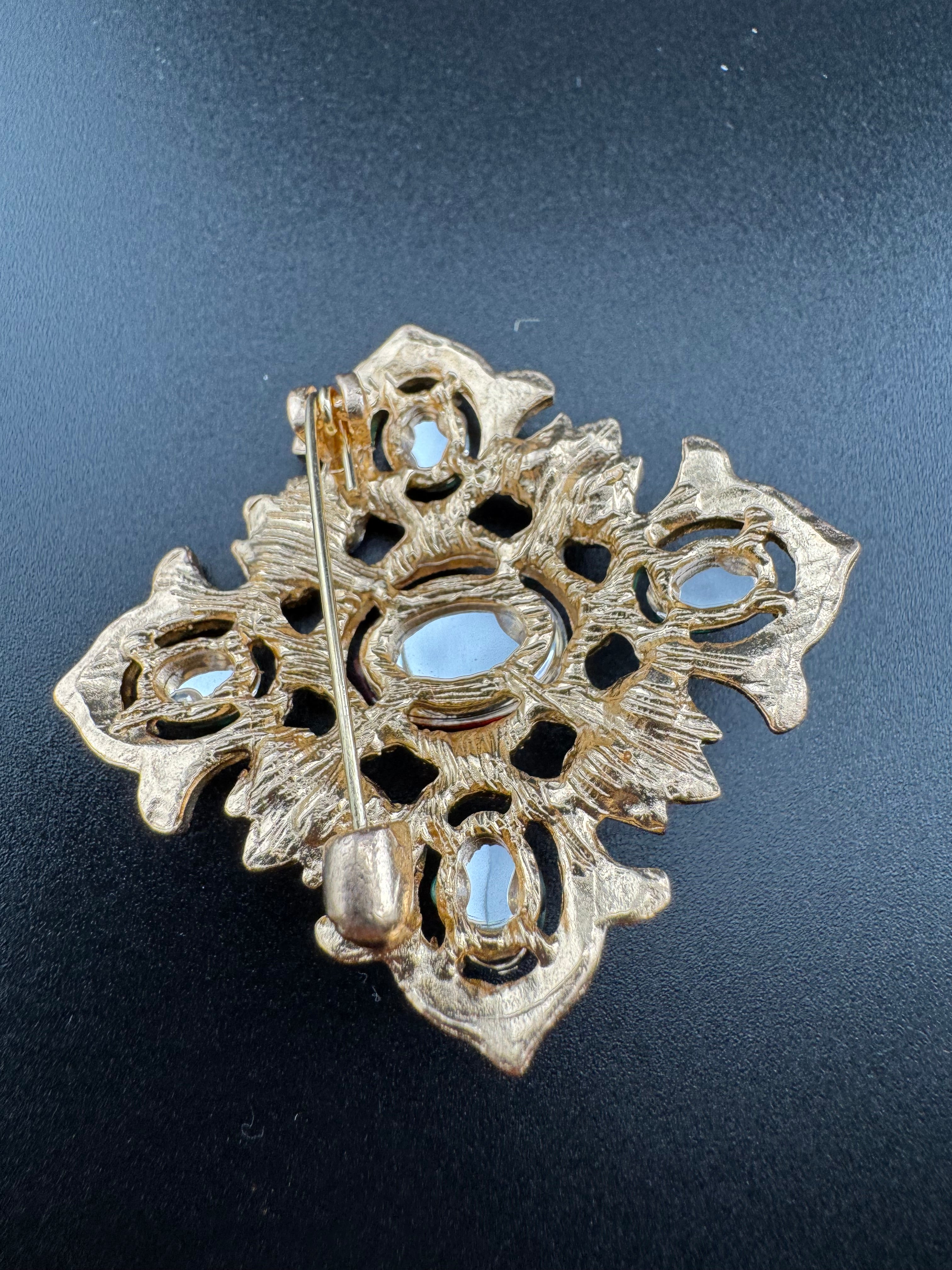 Statement Medieval style gold ruby rhinestone cross brooch